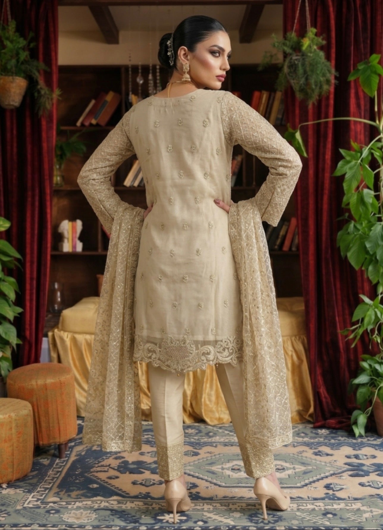 Elegant Beige Embroidered Organza Suit Set