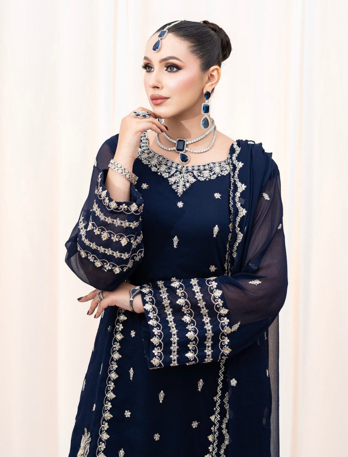 Navy Blue 3-Piece Chiffon Suit