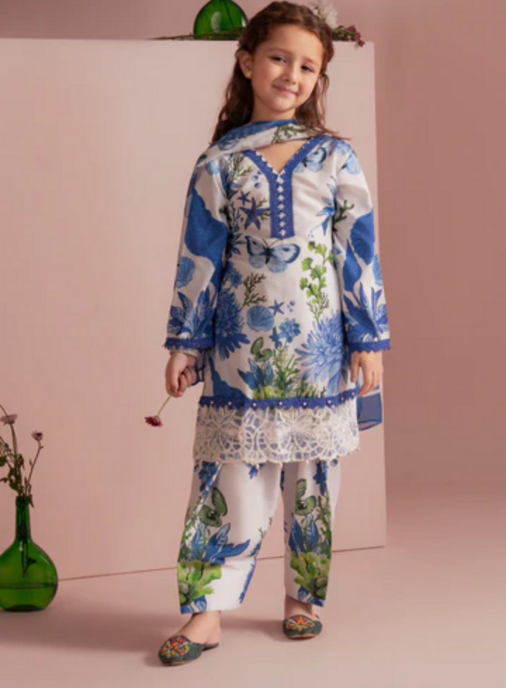 Girls White Poly Lawn 3-Piece Kurta Set