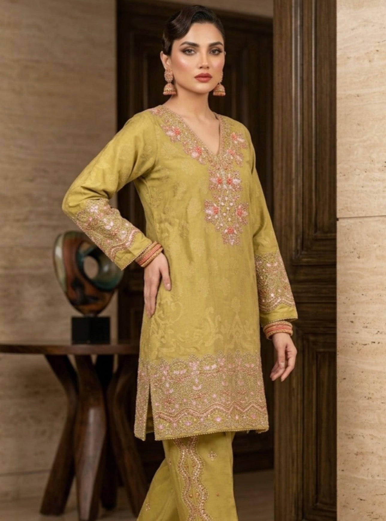Elegant Marigold Jacquard Embroidered Suit Set