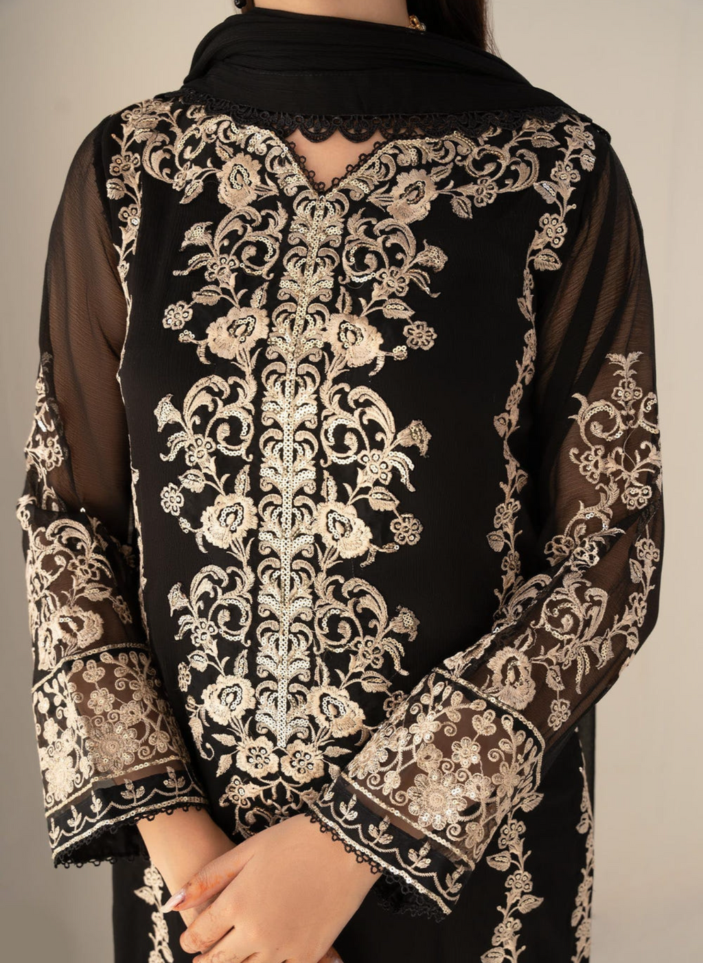 Black Luxury Embroidered Chiffon 3-Piece Suit