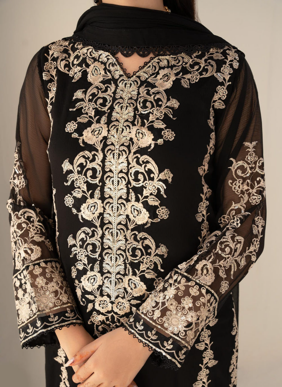 Black Luxury Embroidered Chiffon 3-Piece Suit