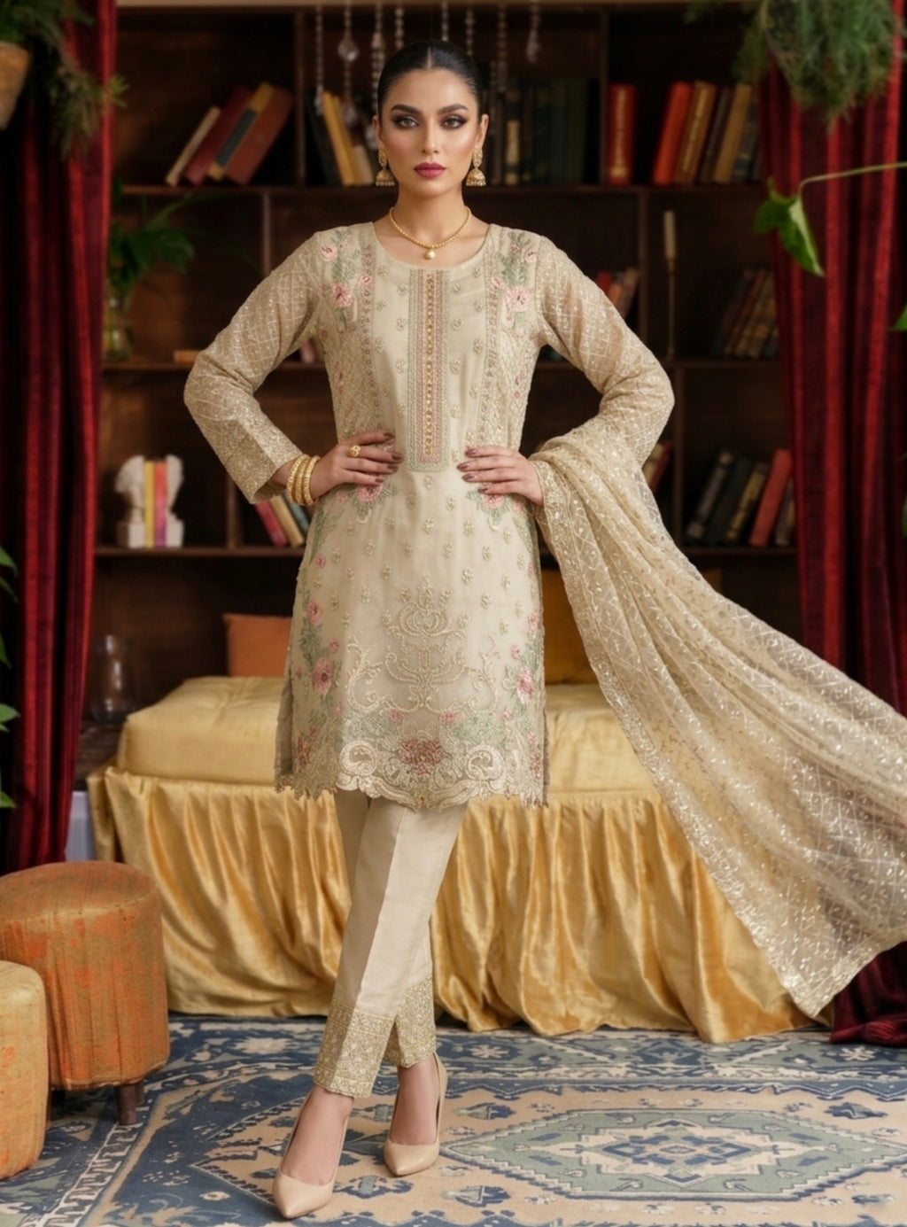 Elegant Beige Embroidered Organza Suit Set