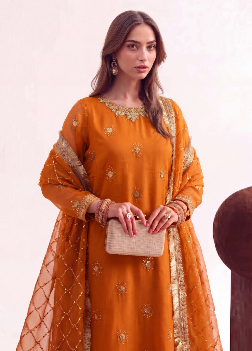Rust Orange Embellished Chiffon Gharara Set