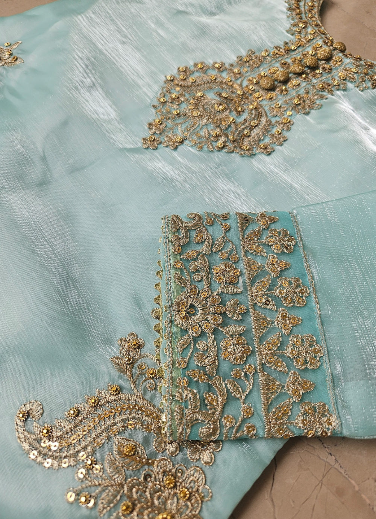 Ice Blue Embellished 3-Piece Satin Silk Suit