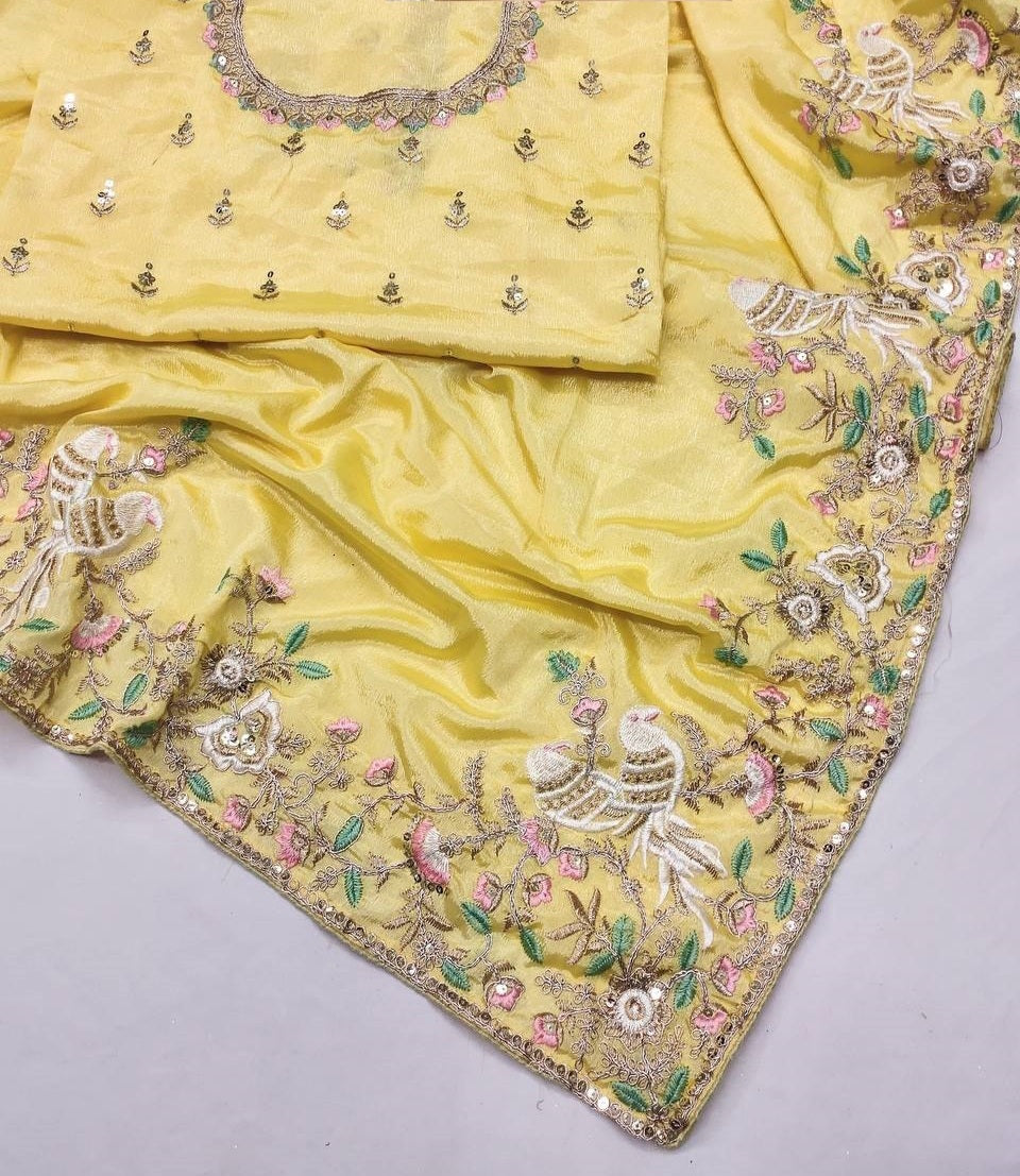 Embroidered Diamond Chinon Silk Saree