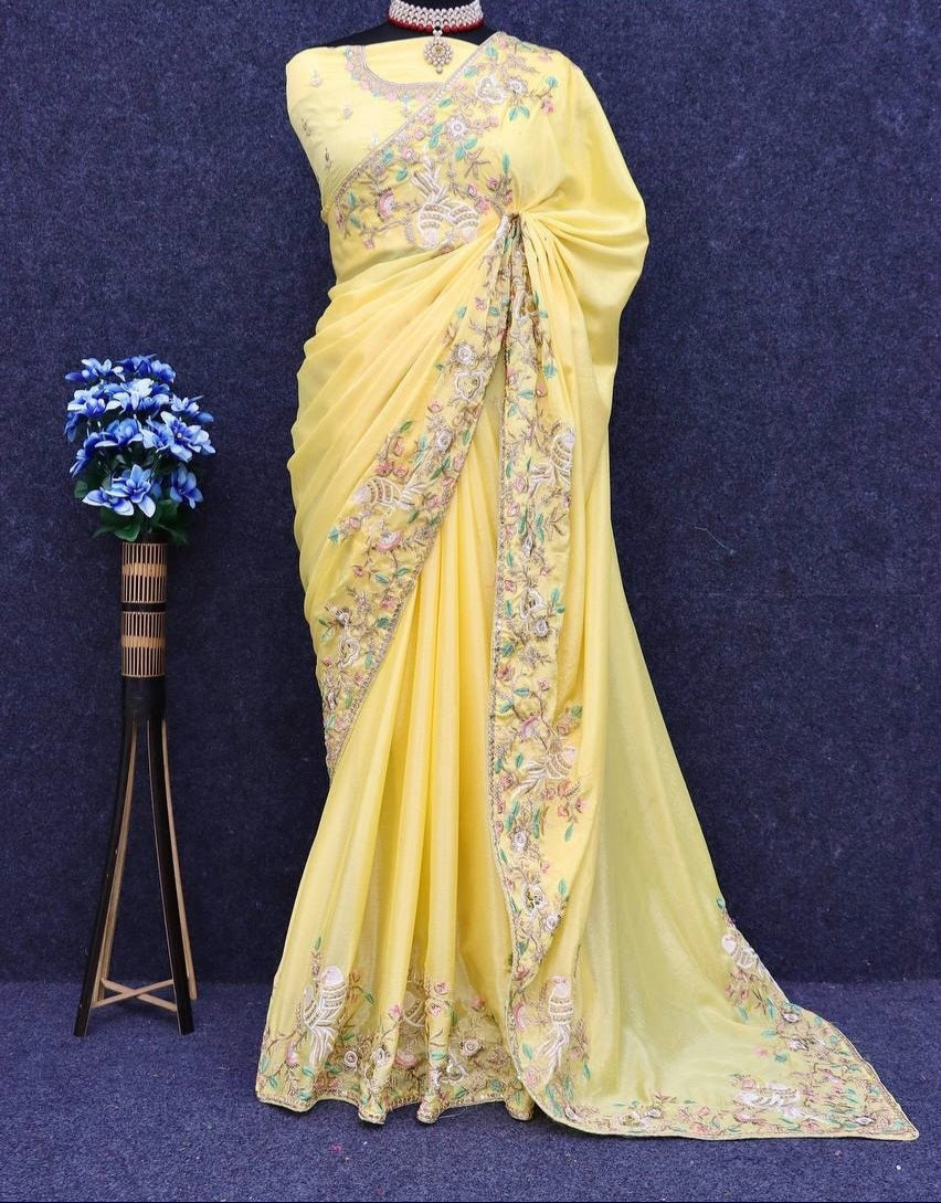 Embroidered Diamond Chinon Silk Saree
