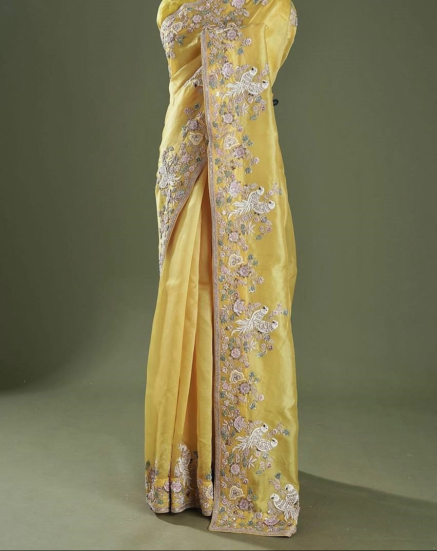 Embroidered Diamond Chinon Silk Saree