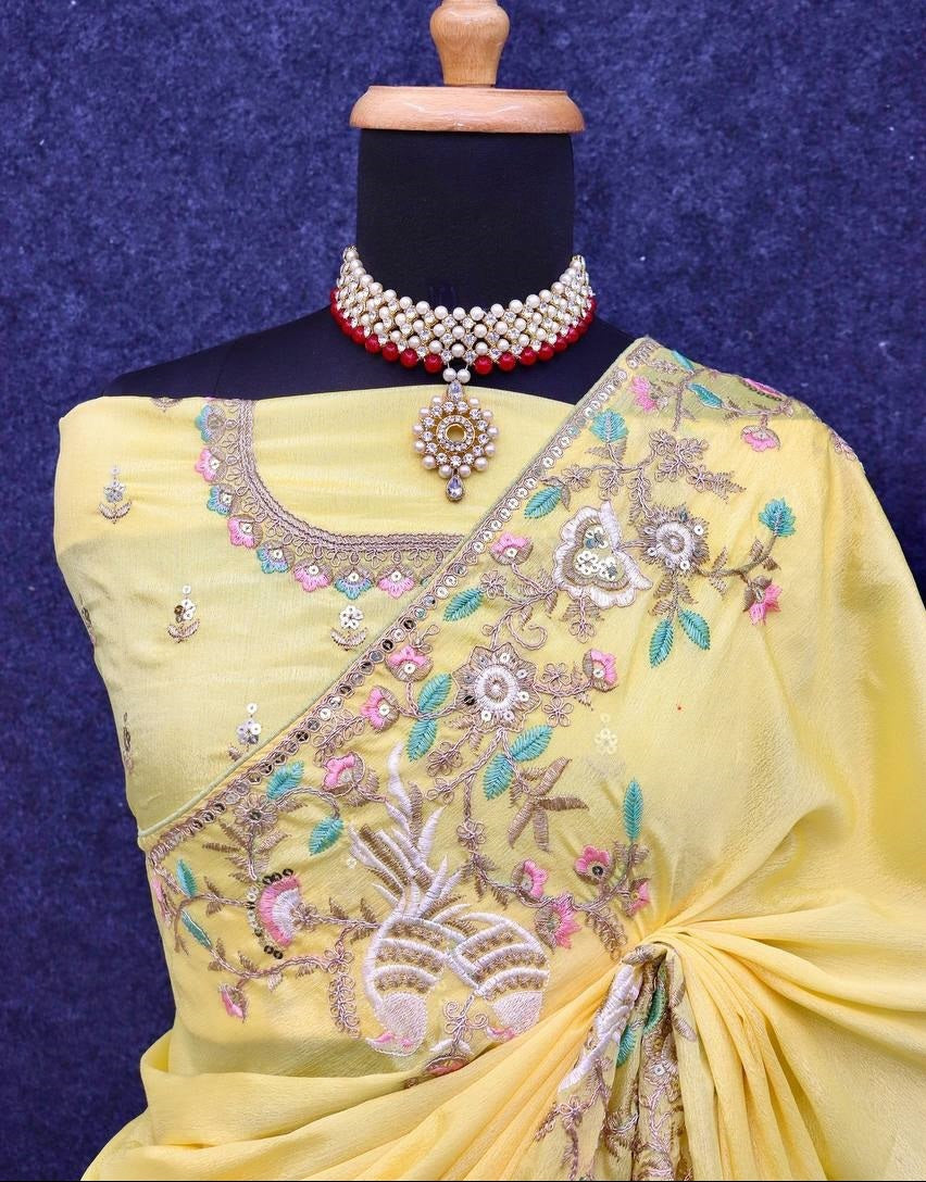 Embroidered Diamond Chinon Silk Saree