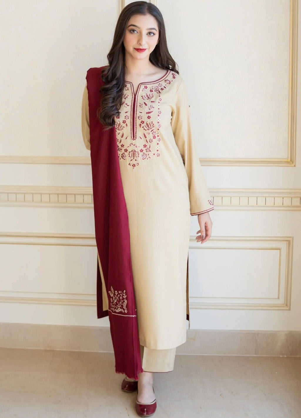 Elegant Linen Embroidered Suit Set