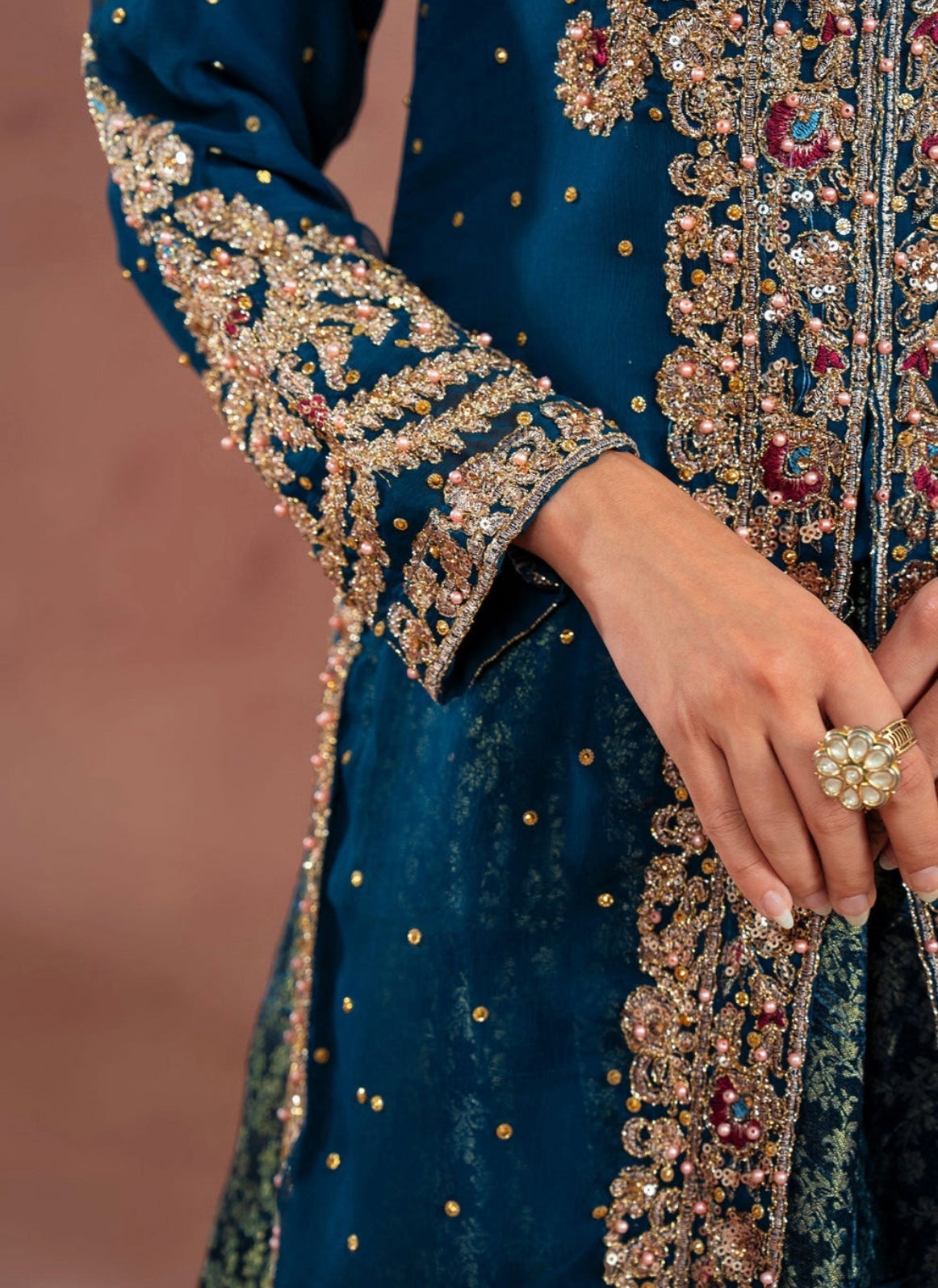 Luxury Teal Embroidered Chiffon Gown with Jamawar Lehenga (4 Piece Suit)