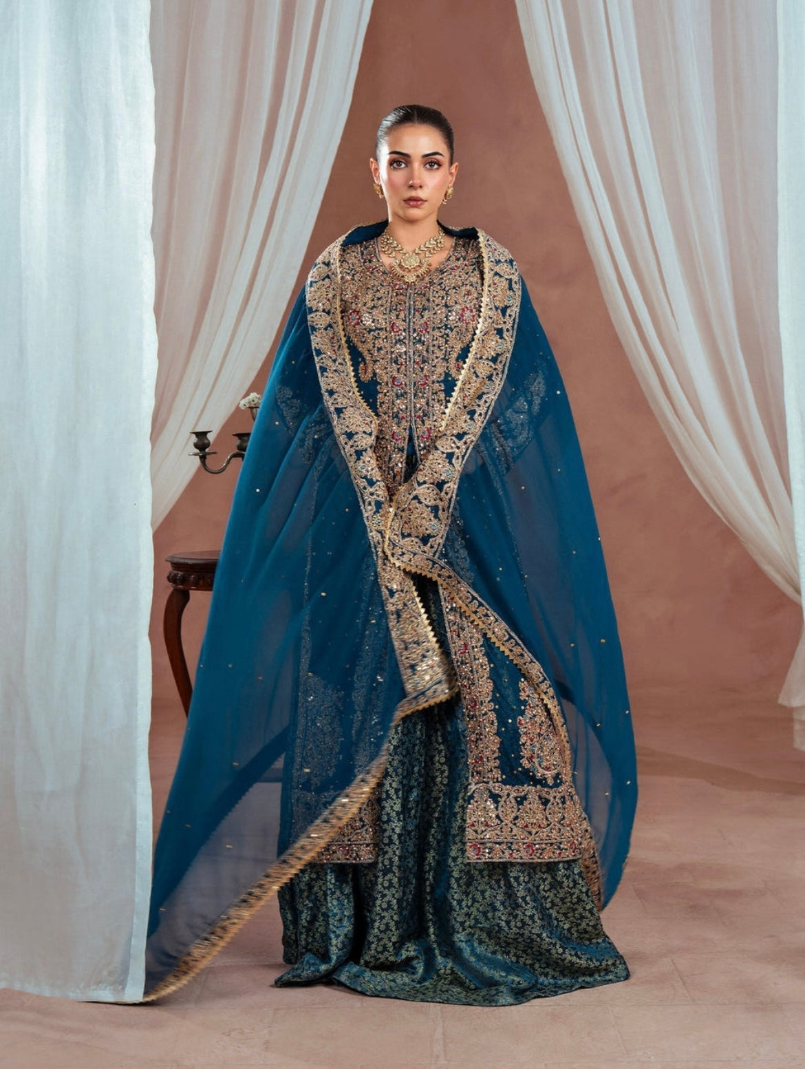 Luxury Teal Embroidered Chiffon Gown with Jamawar Lehenga (4 Piece Suit)