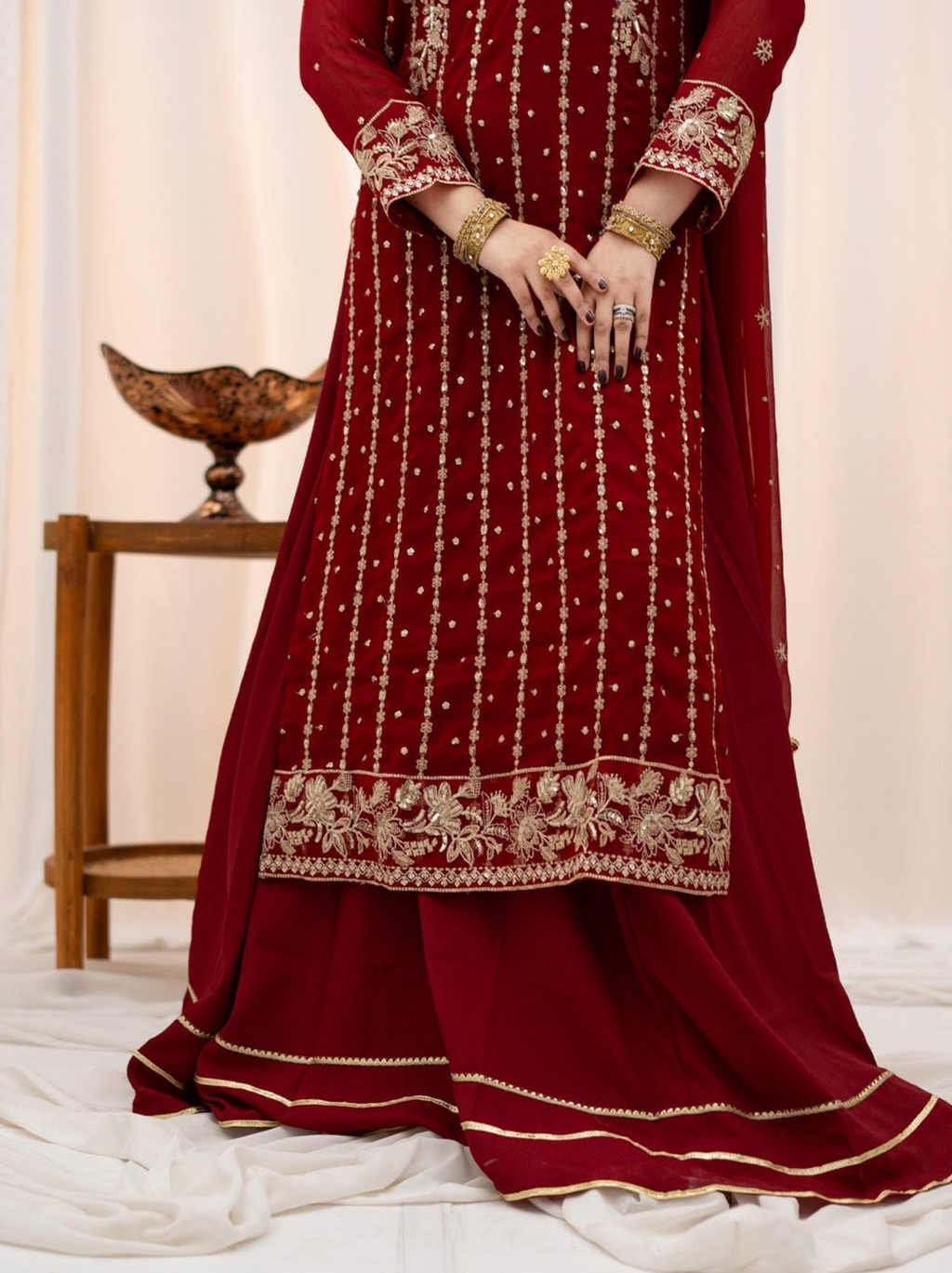 Maroon Chiffon 3-Piece Lehenga Suit