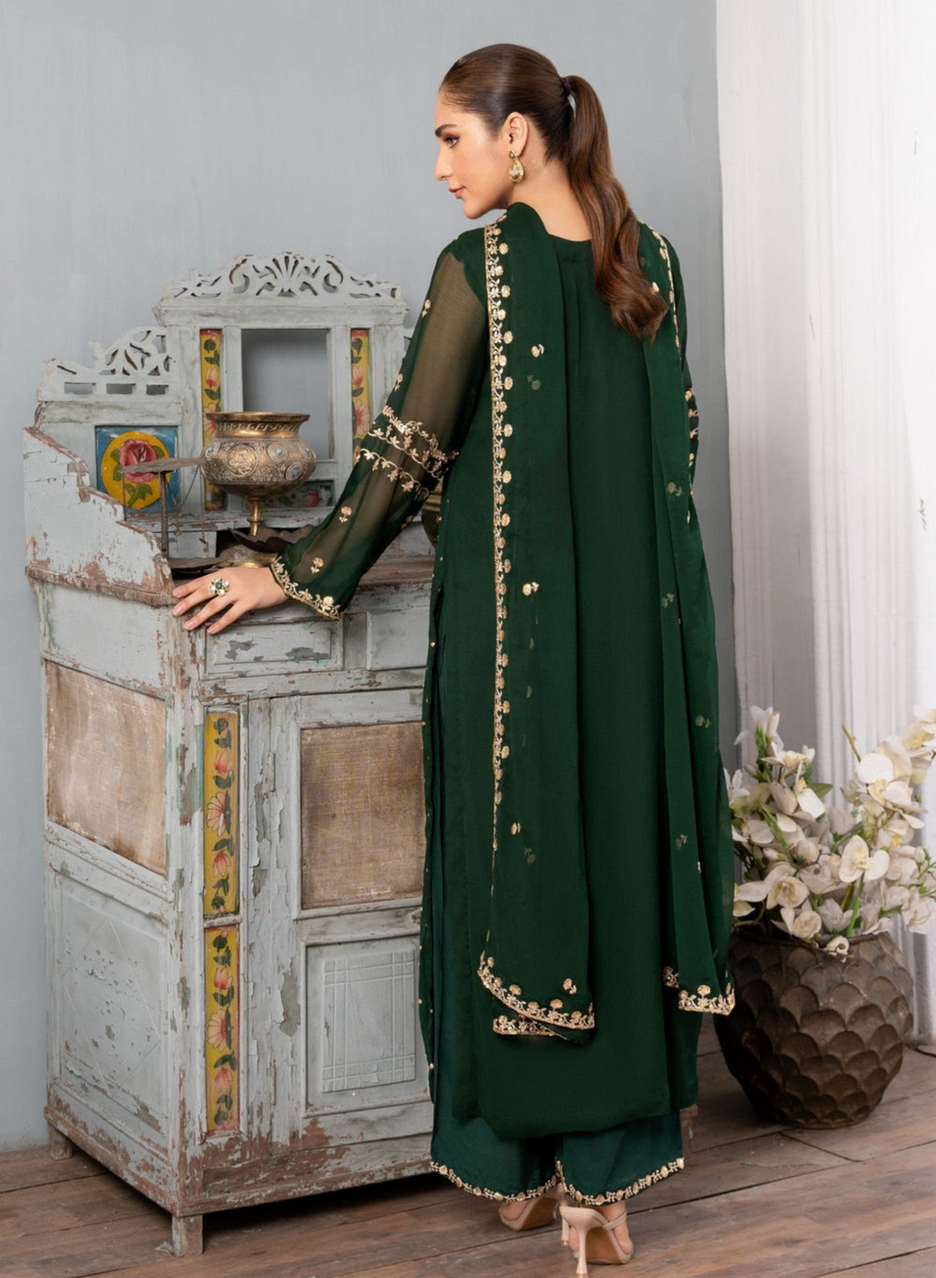Dark Green Luxury Embroidered Chiffon 3-Piece Suit