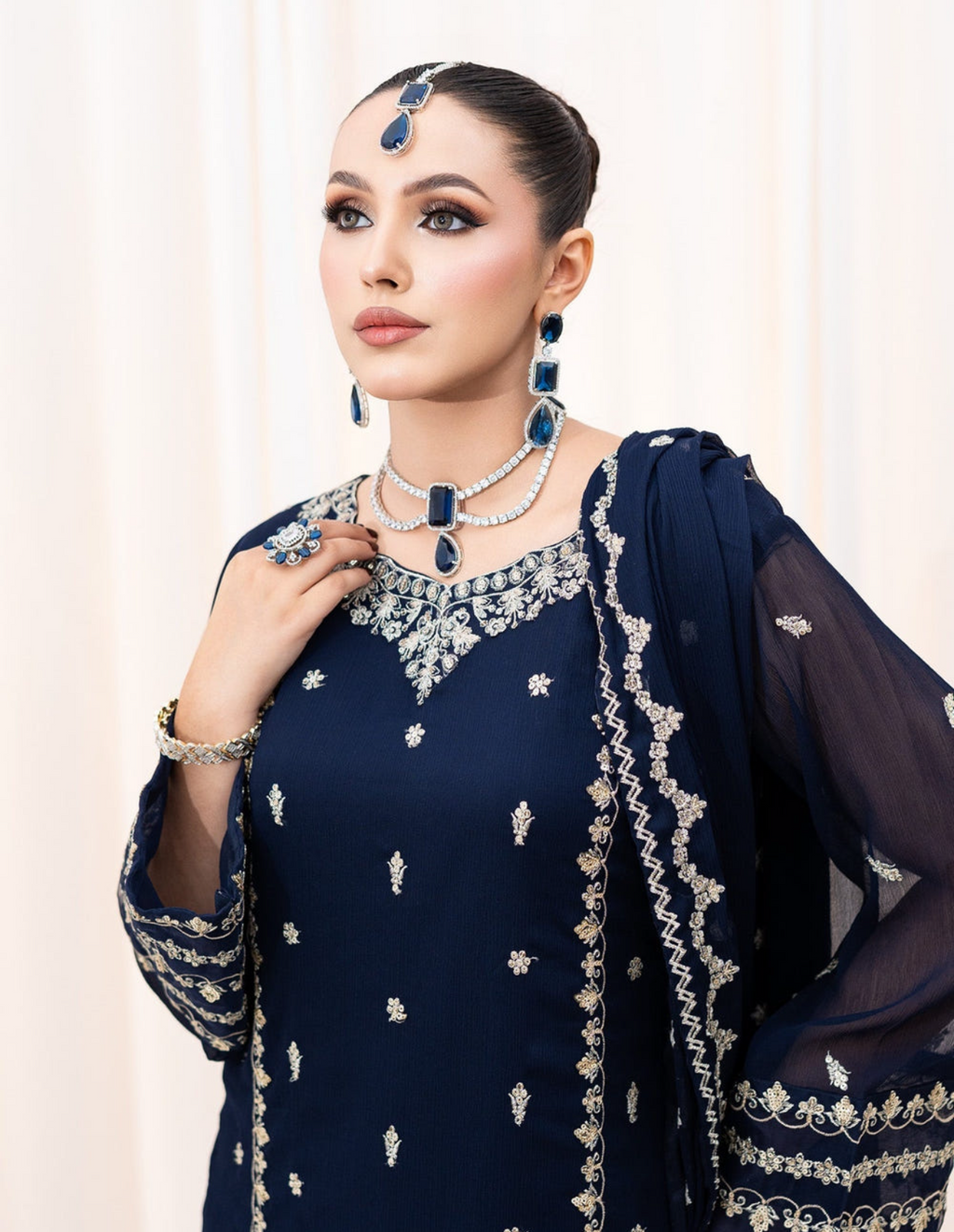 Navy Blue Embroidered Chiffon 3-Piece Suit