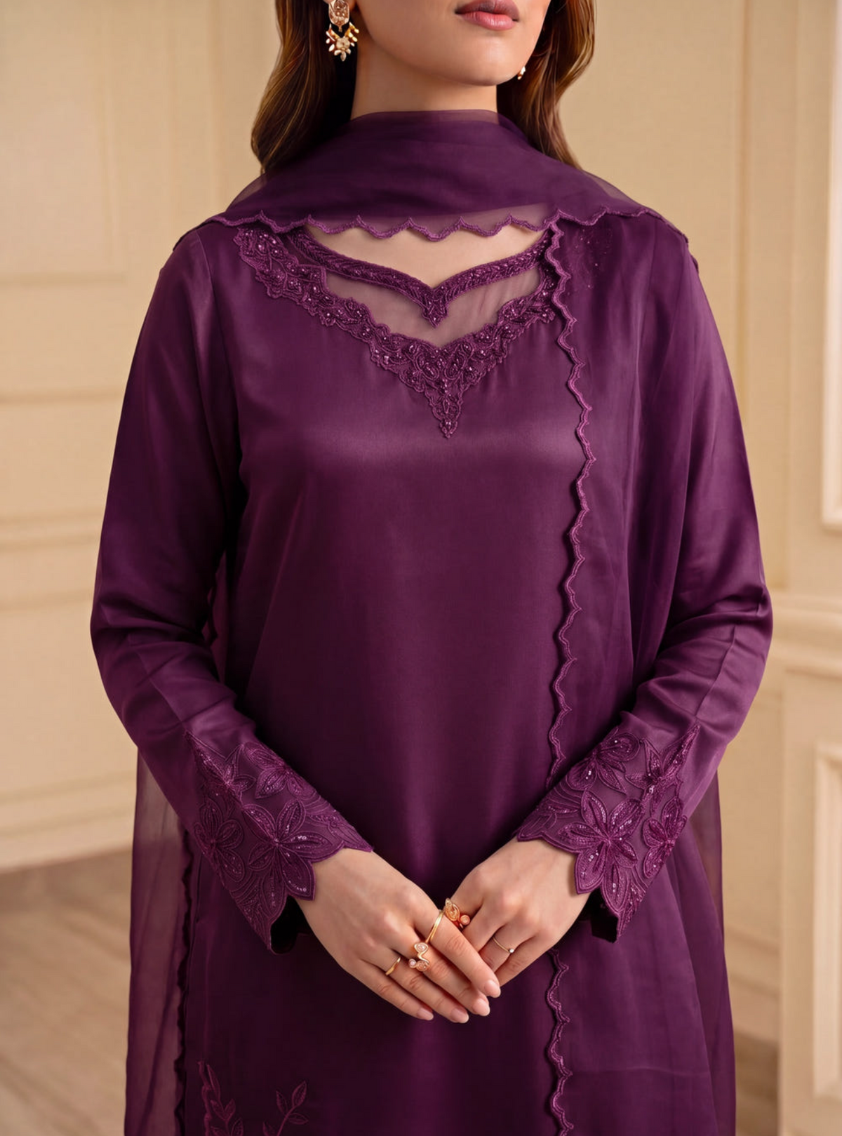 Plum Purple Embellished Silk Gharara 3-Piece Suit