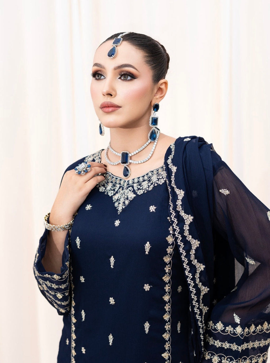Navy Blue 3-Piece Chiffon Suit