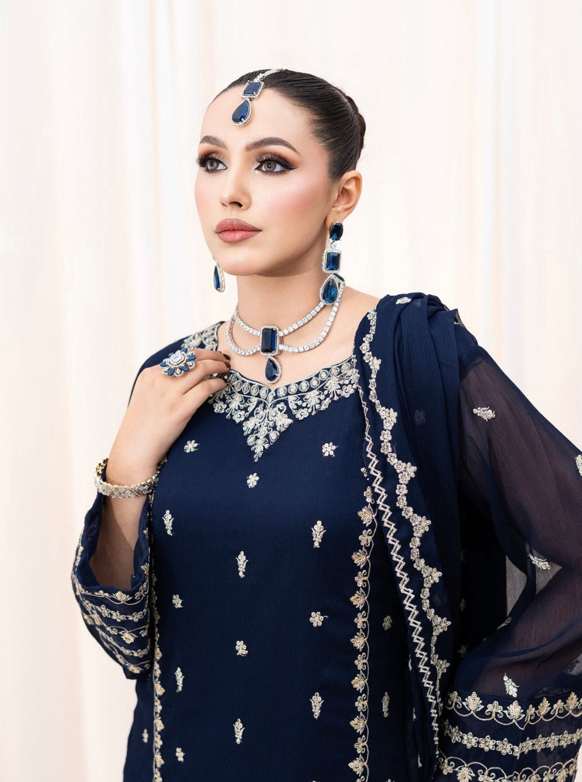 Navy Blue 3-Piece Chiffon Suit