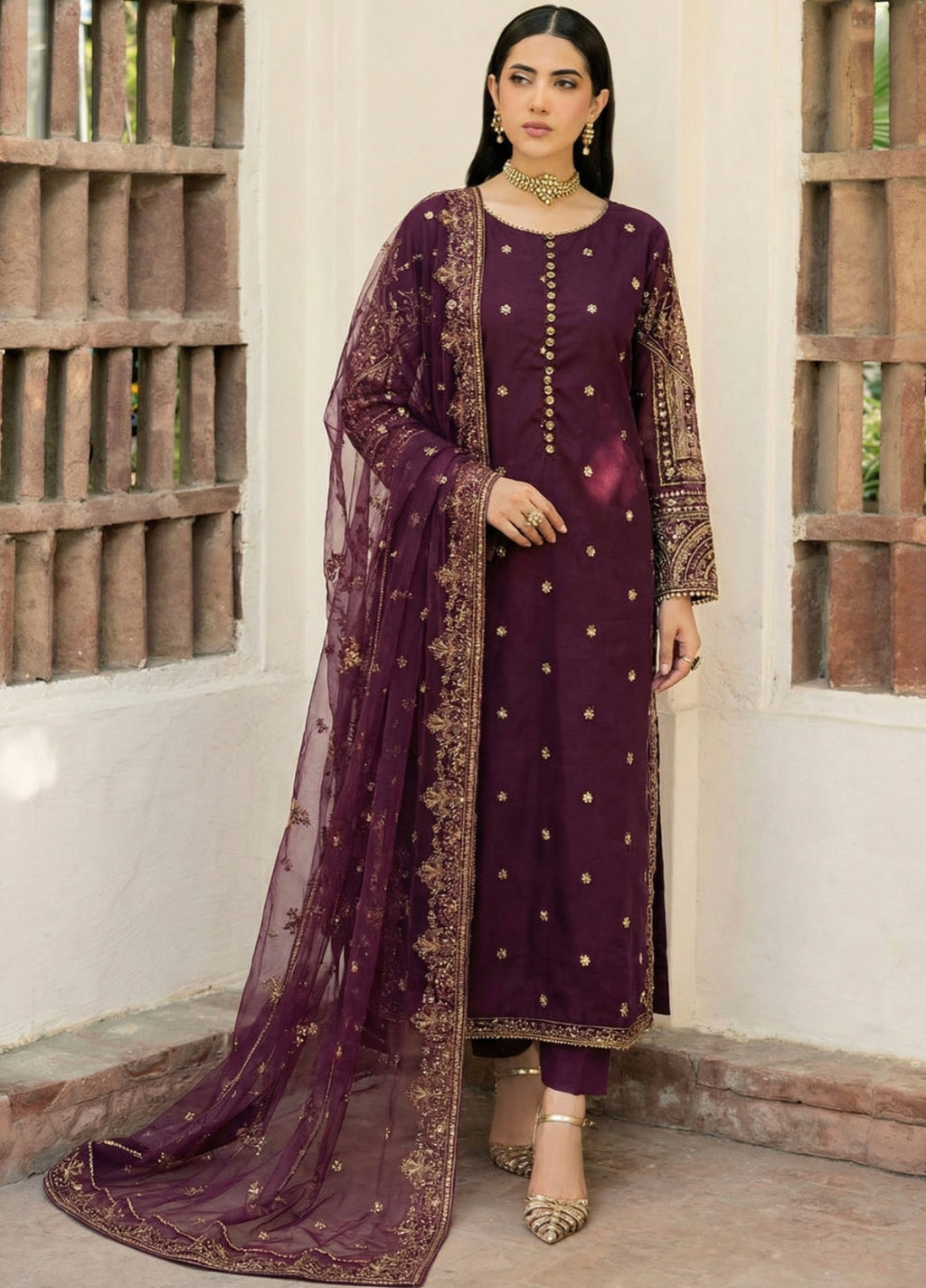 Plum Embroidered Festive Kurta Set – 3 Piece Ensemble