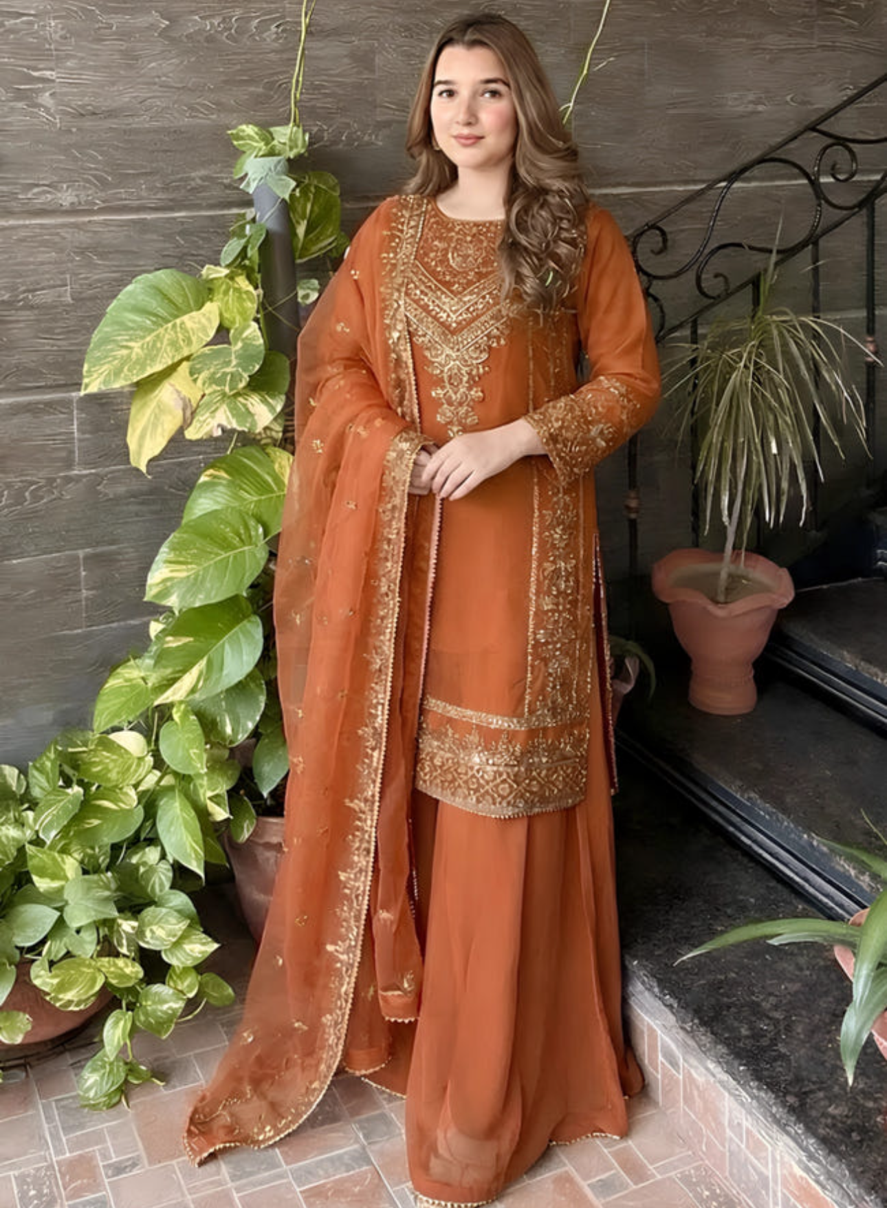 Rust Orange Embellished Sharara Set – 3 Piece