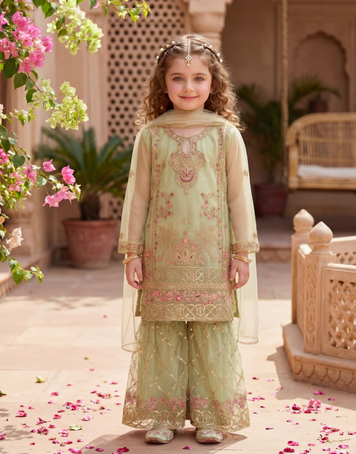Pistachio Green Embroidered Organza 3-Piece Gharara Set