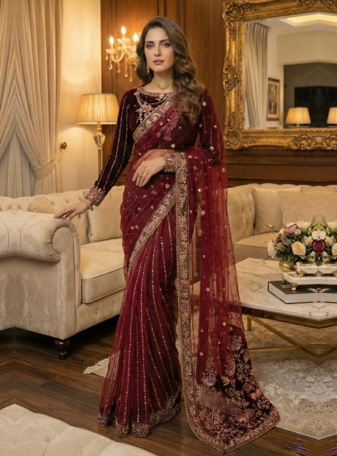 Velvet Saree – V-03 Maroon (3-Piece Set)