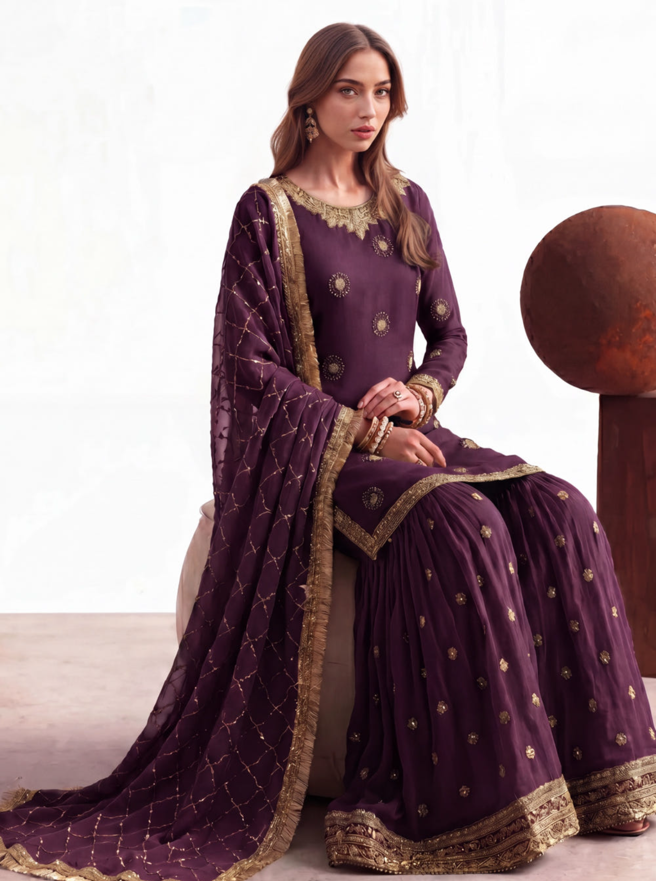 Plum Purple Embellished Chiffon Gharara Suit – 3 Piece Set