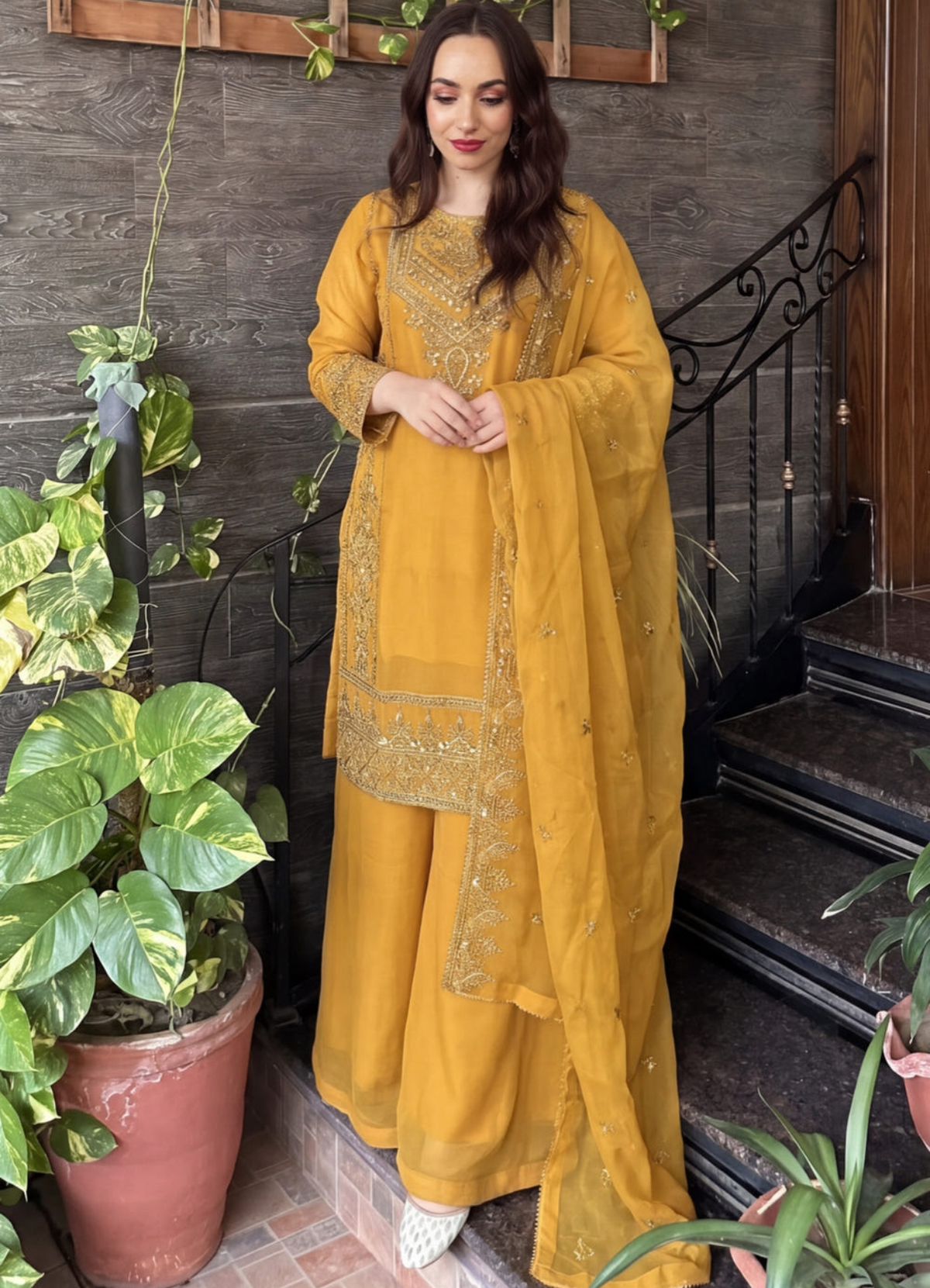 Mustard Embellished Chiffon Sharara Set