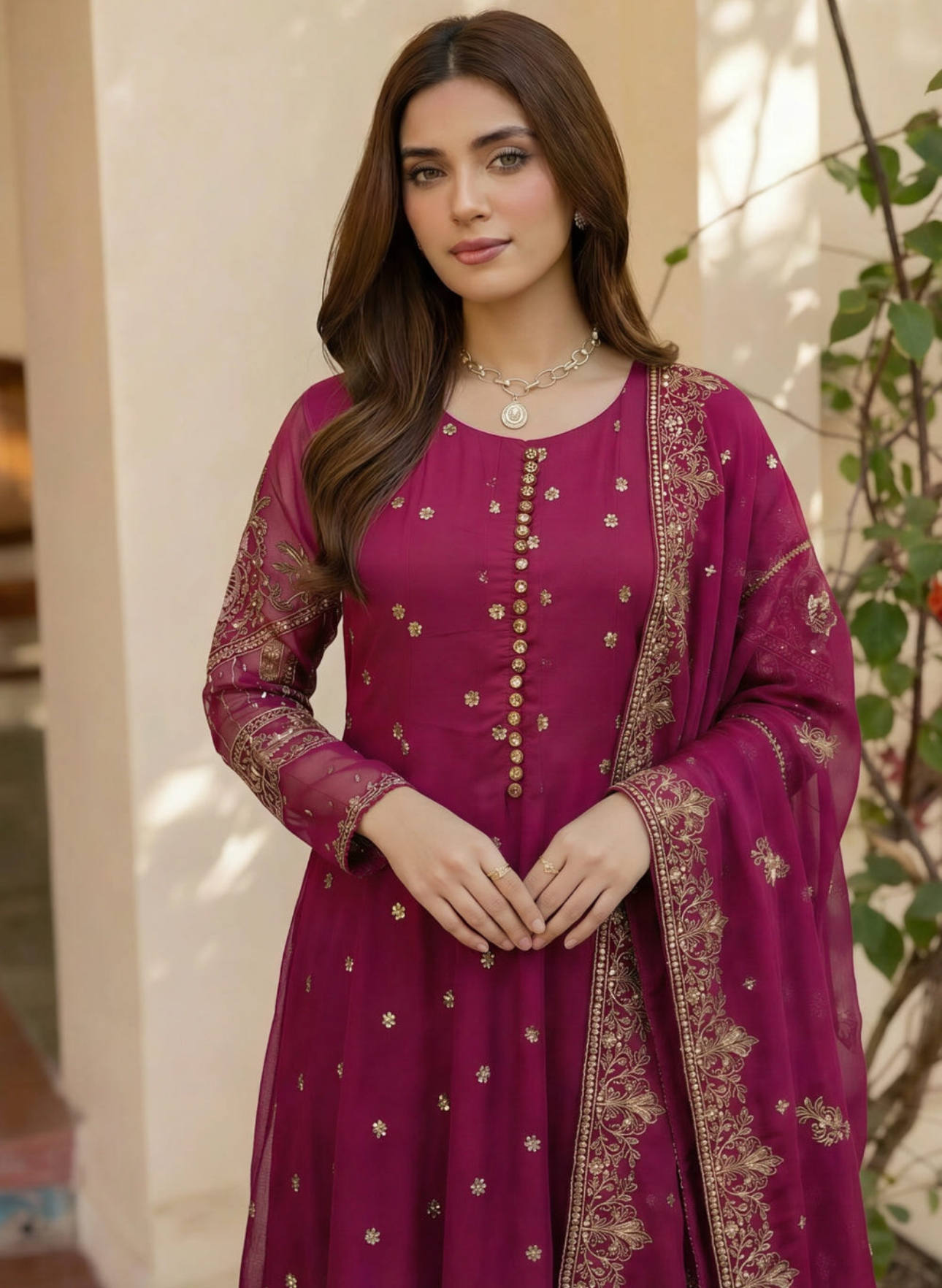 Magenta Embroidered Flared Maxi 3-Piece Suit