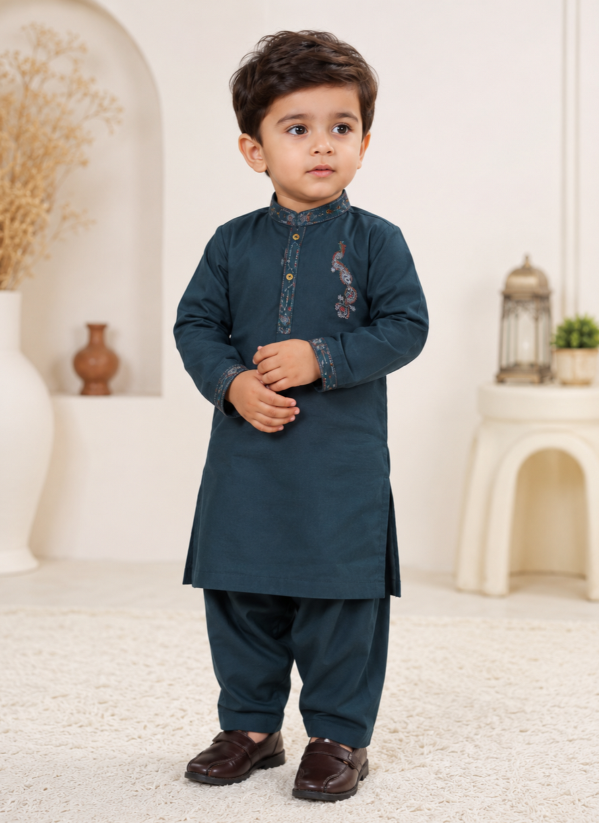 Little Baby Boy Cotton Kurta Trouser Set - Teal Color
