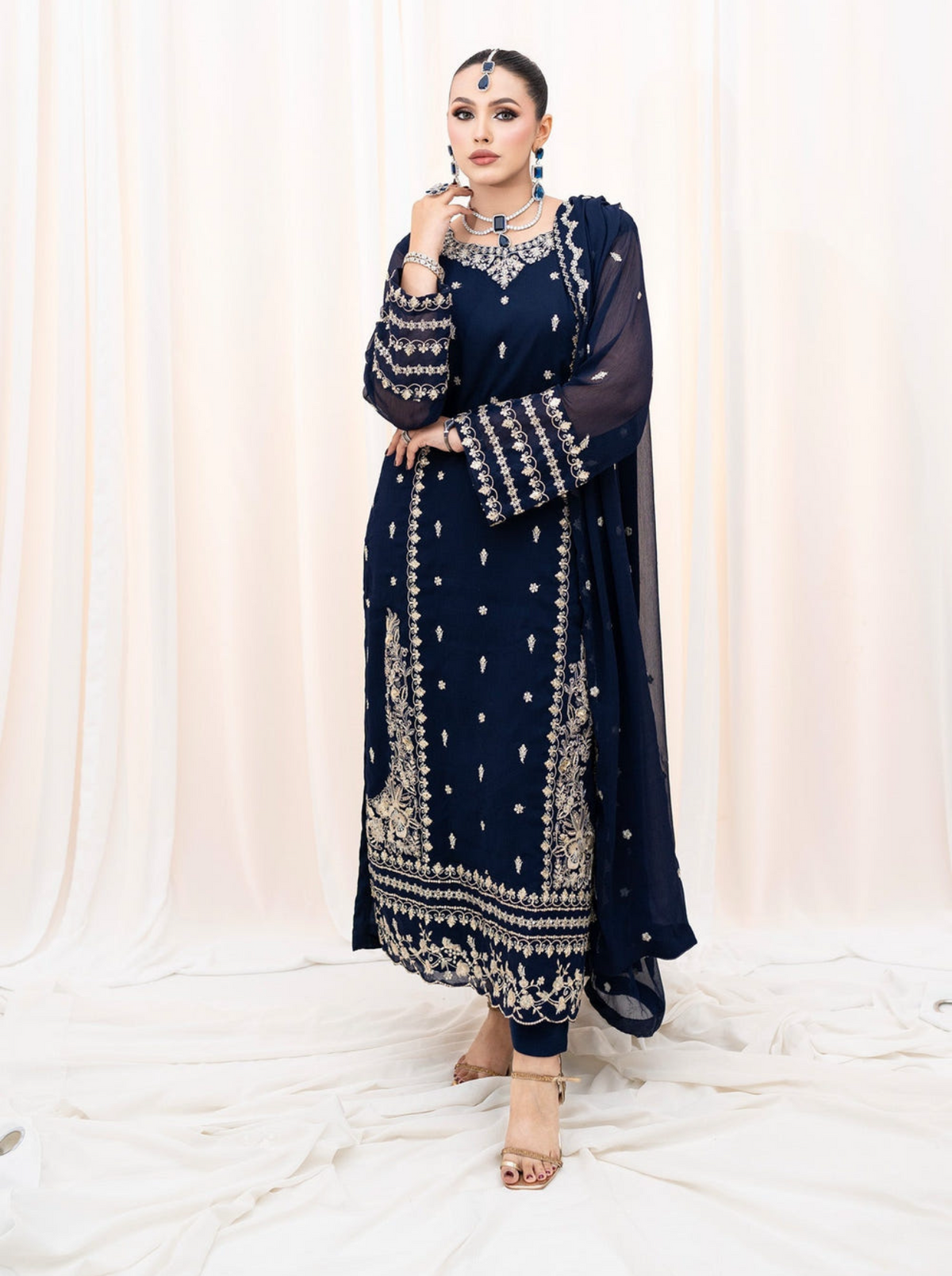 Navy Blue Embroidered Chiffon 3-Piece Suit