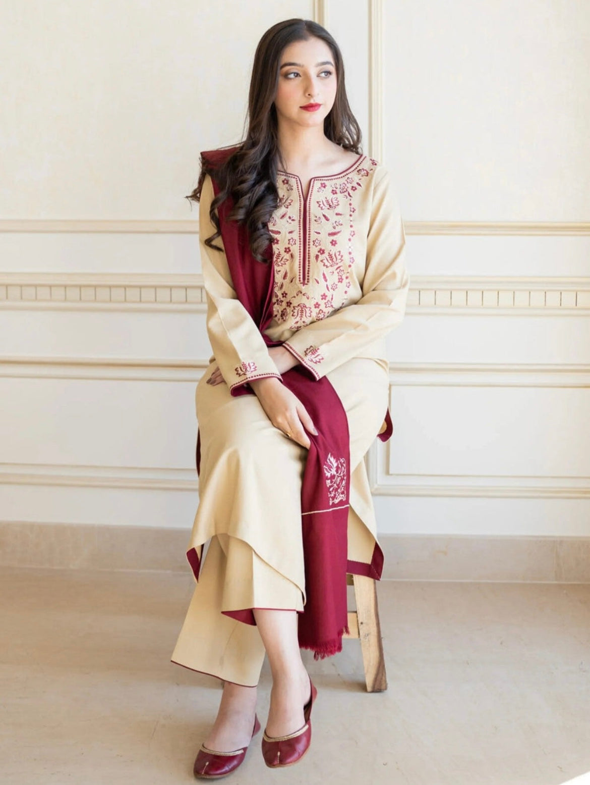 Elegant Linen Embroidered Suit Set
