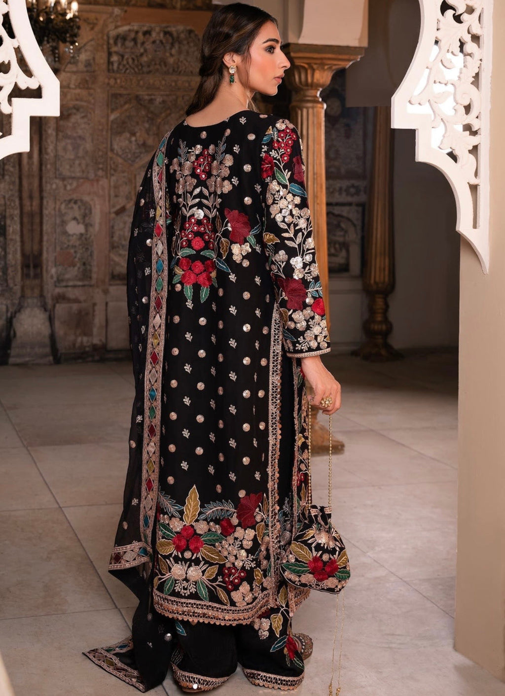 Elegant Black Chiffon Festive Suit Set with Potli Bag