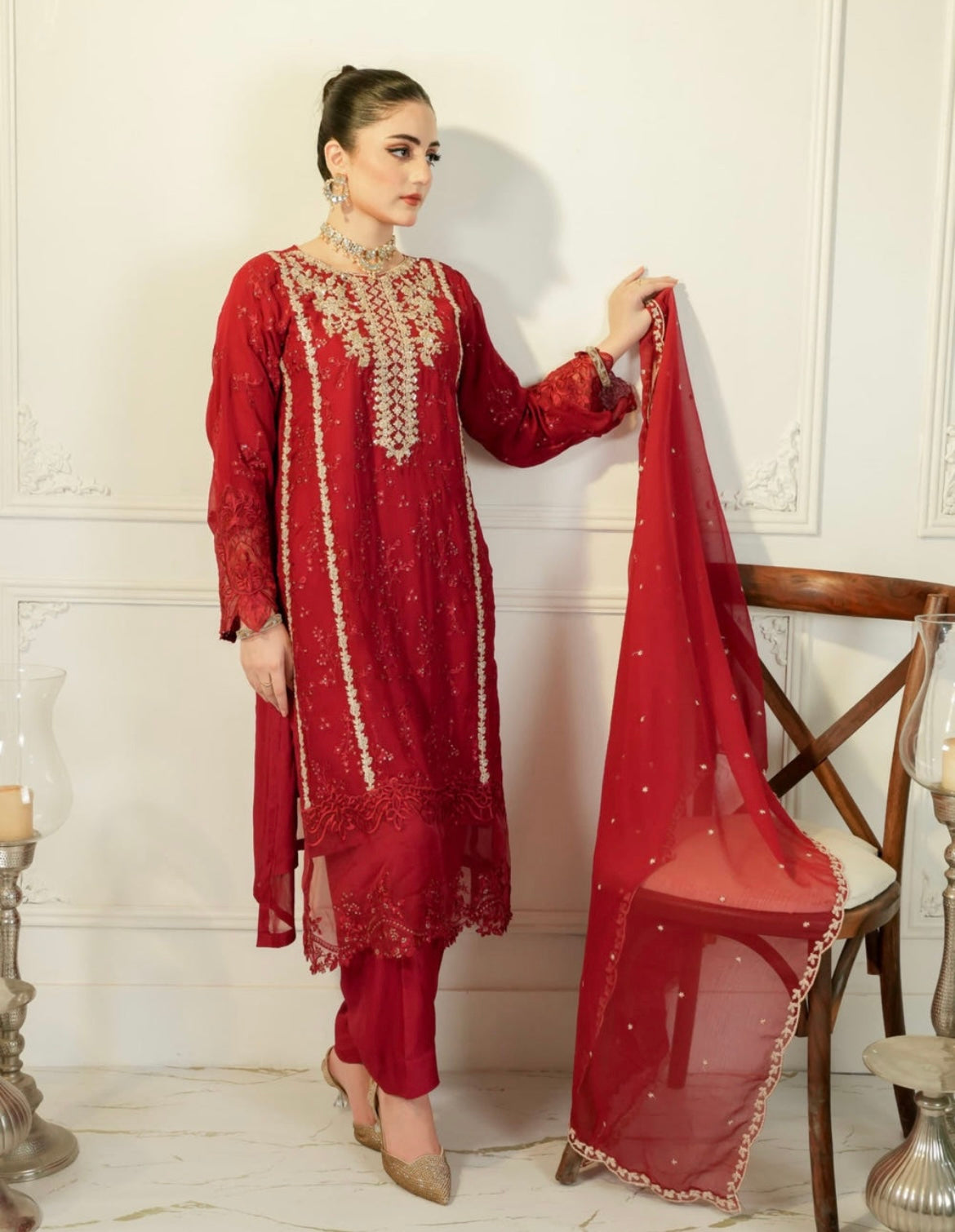 3 Piece Maroon Chiffon Embroidered Suit