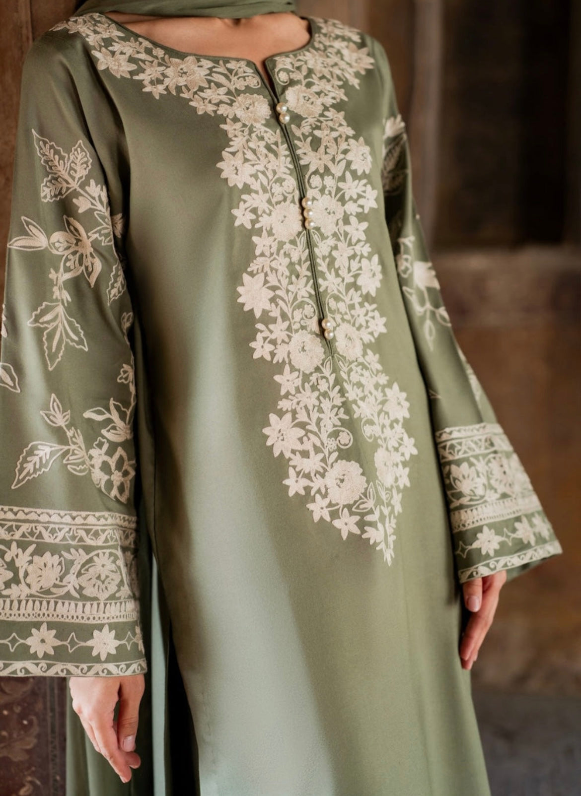 Sage Green Linen 3-Piece Kurta Set