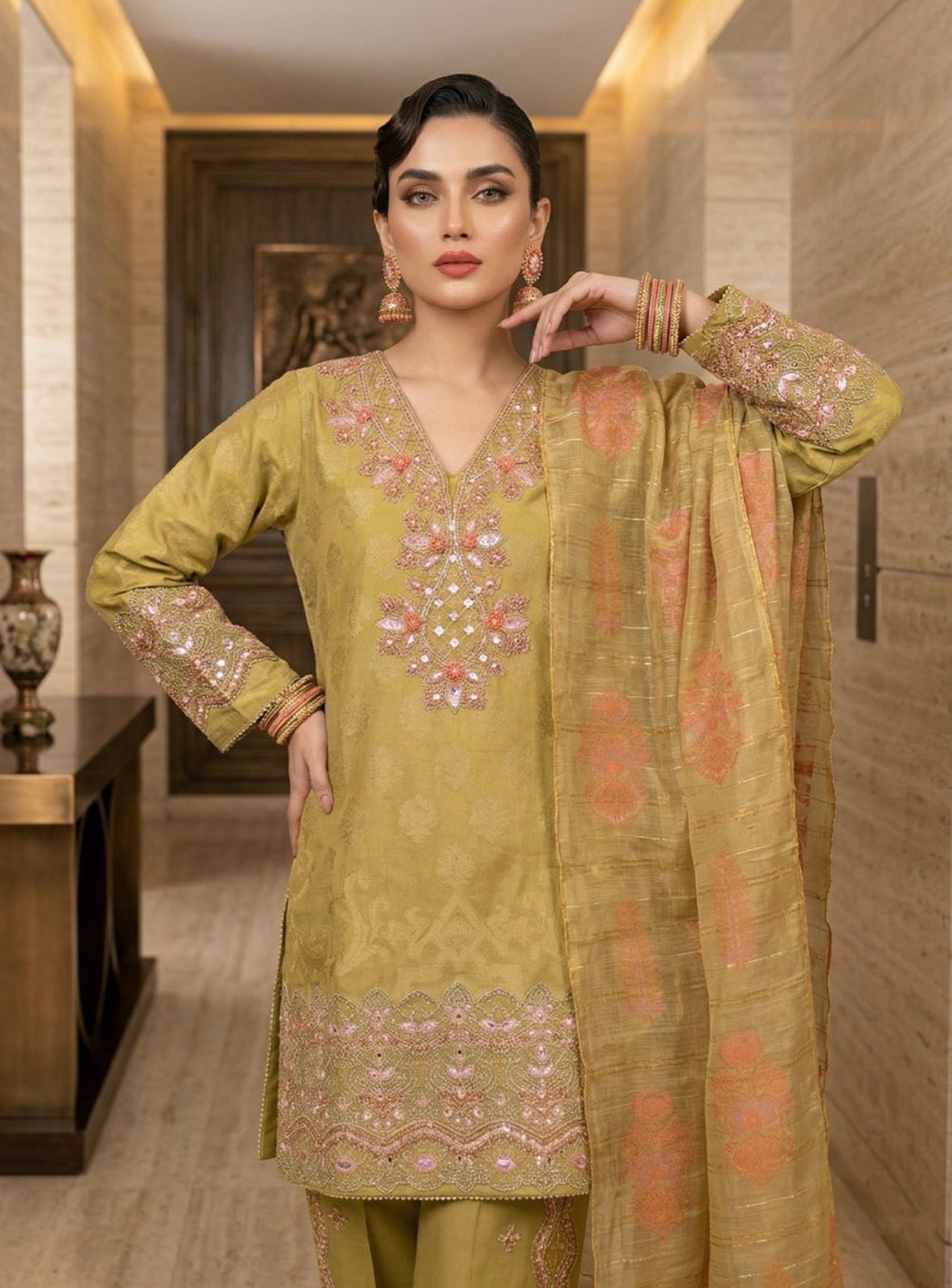 Elegant Marigold Jacquard Embroidered Suit Set