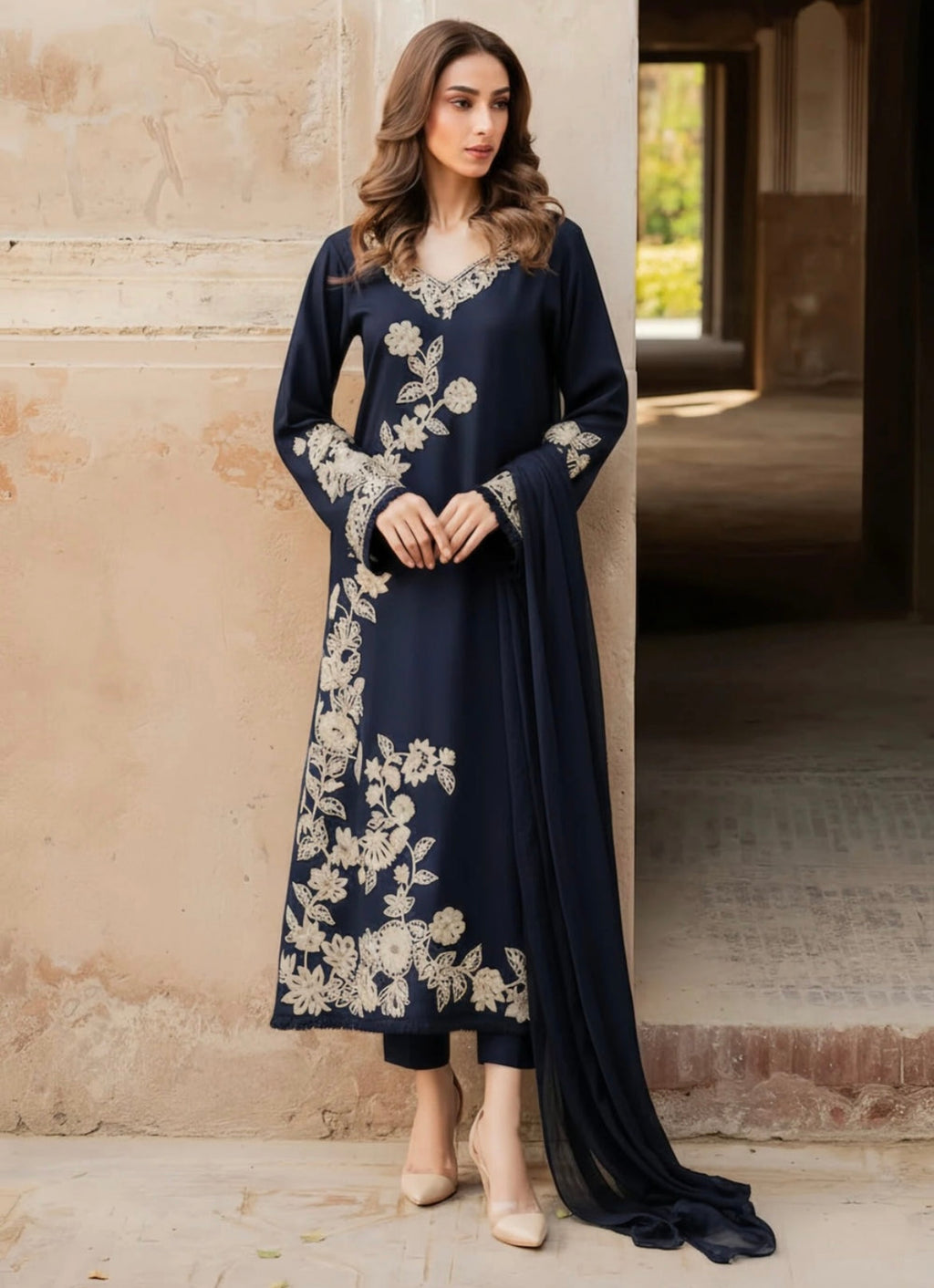 Elegant Navy Blue Embroidered Kurta Set – 3 Piece Ensemble