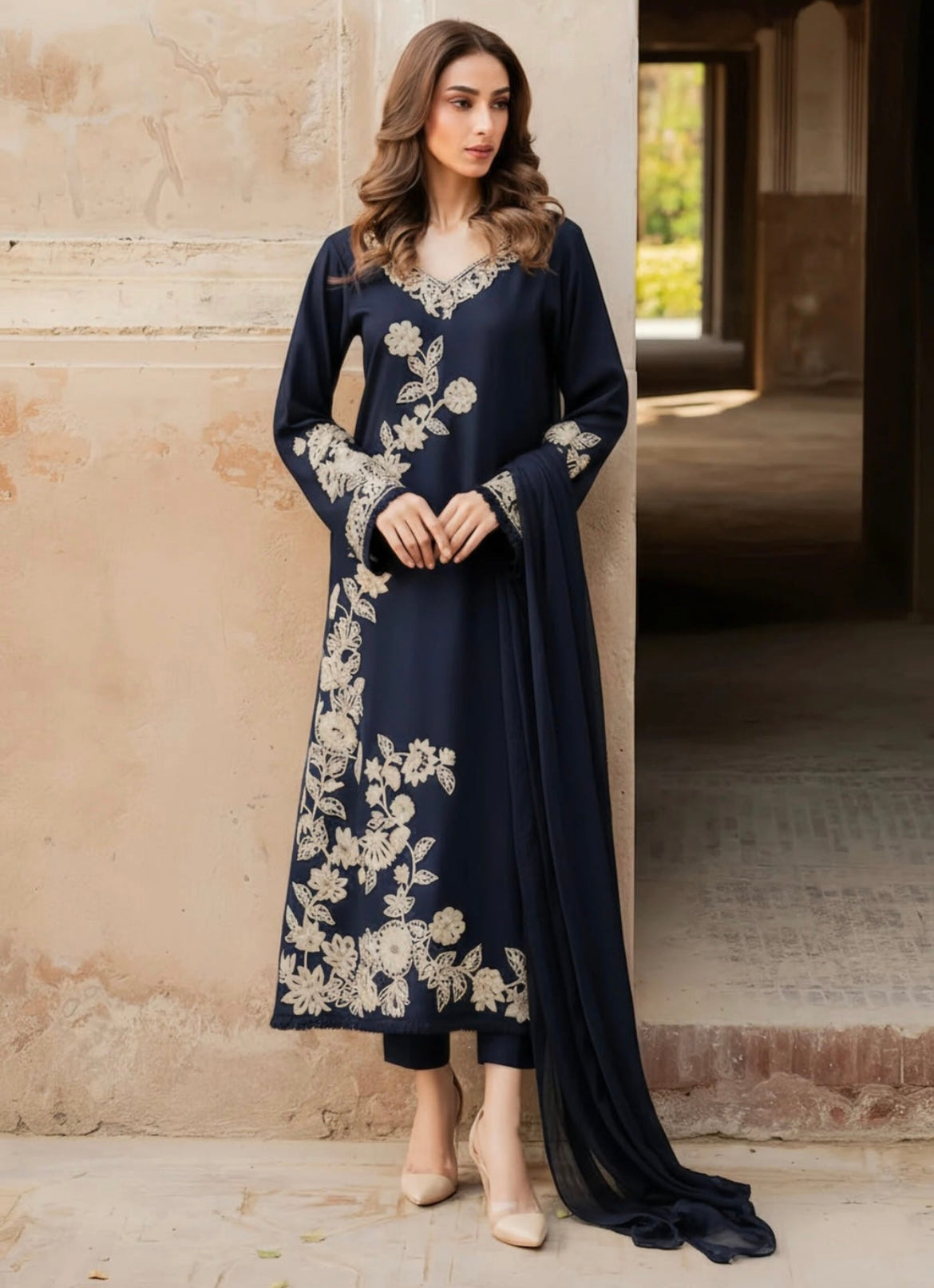 Elegant Navy Blue Embroidered Kurta Set – 3 Piece Ensemble