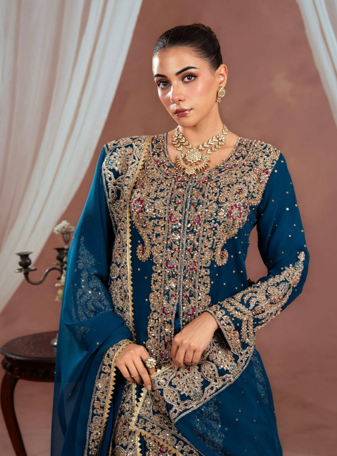 Luxury Teal Embroidered Chiffon Gown with Jamawar Lehenga (4 Piece Suit)