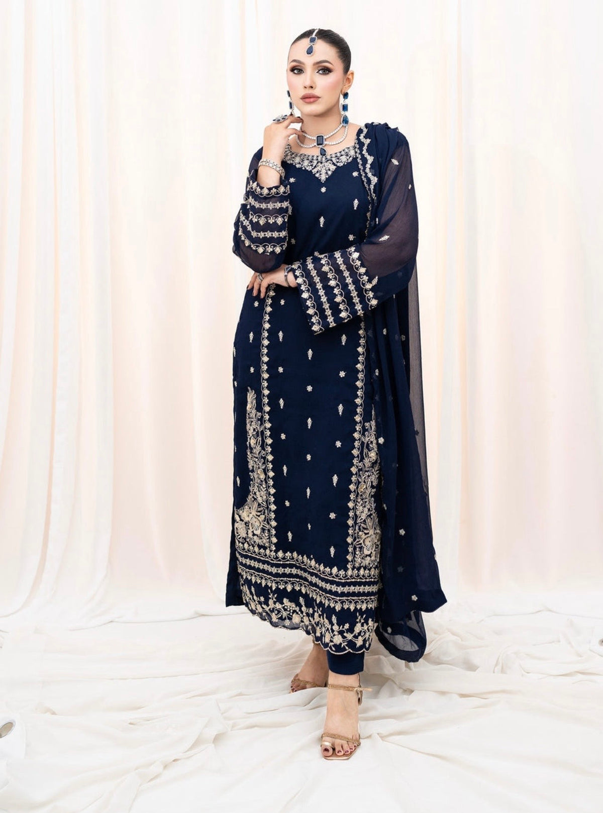 Navy Blue 3-Piece Chiffon Suit