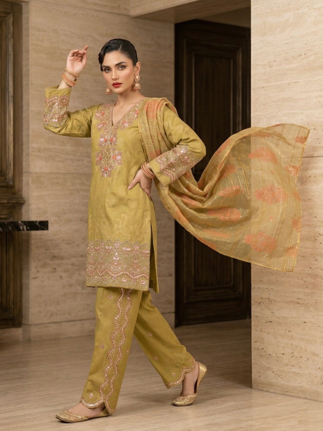 Elegant Marigold Jacquard Embroidered Suit Set