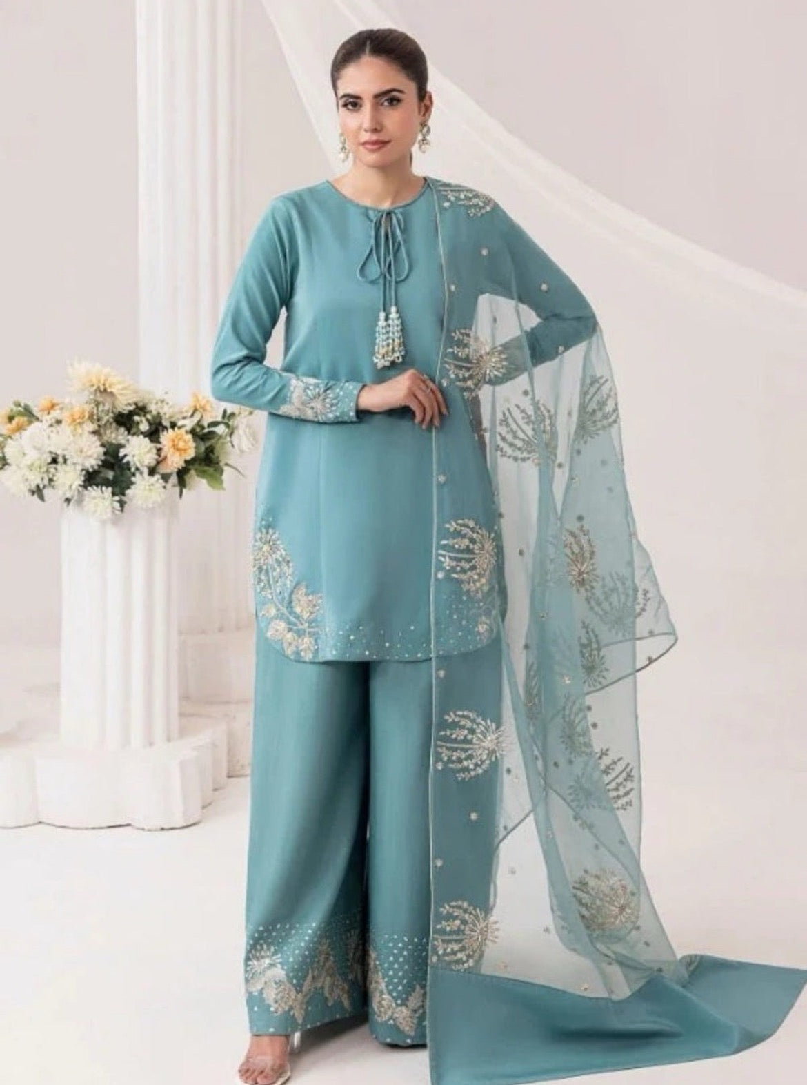 Embroidered Firozi Suit