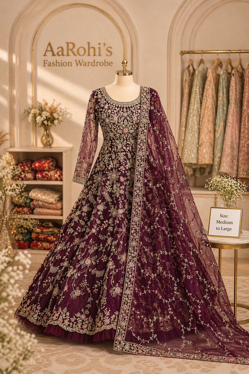 Wine Embroidered Full-Length Gown with Dupatta – Elegant Occasion Wear