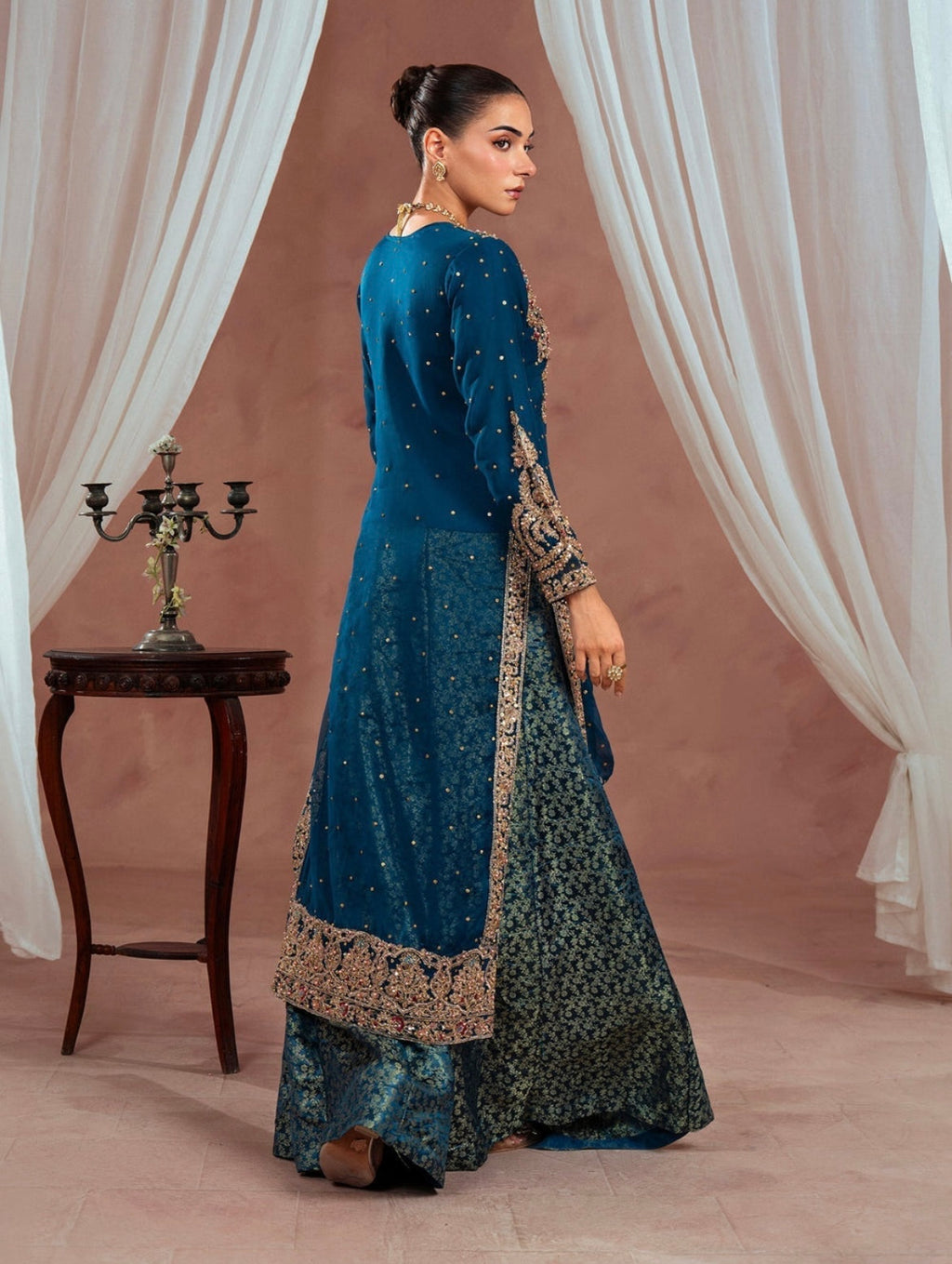 Luxury Teal Embroidered Chiffon Gown with Jamawar Lehenga (4 Piece Suit)