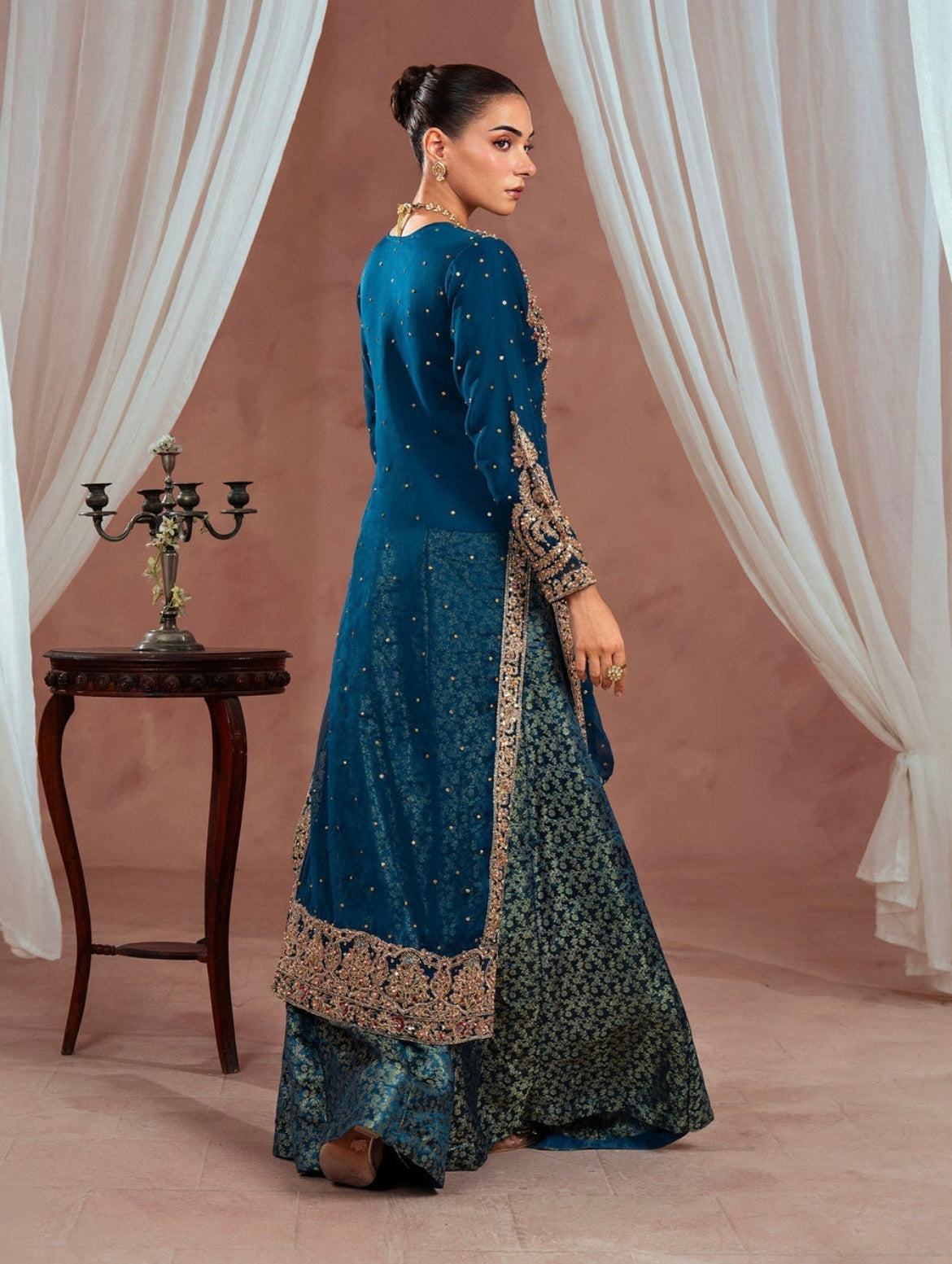Luxury Teal Embroidered Chiffon Gown with Jamawar Lehenga (4 Piece Suit)