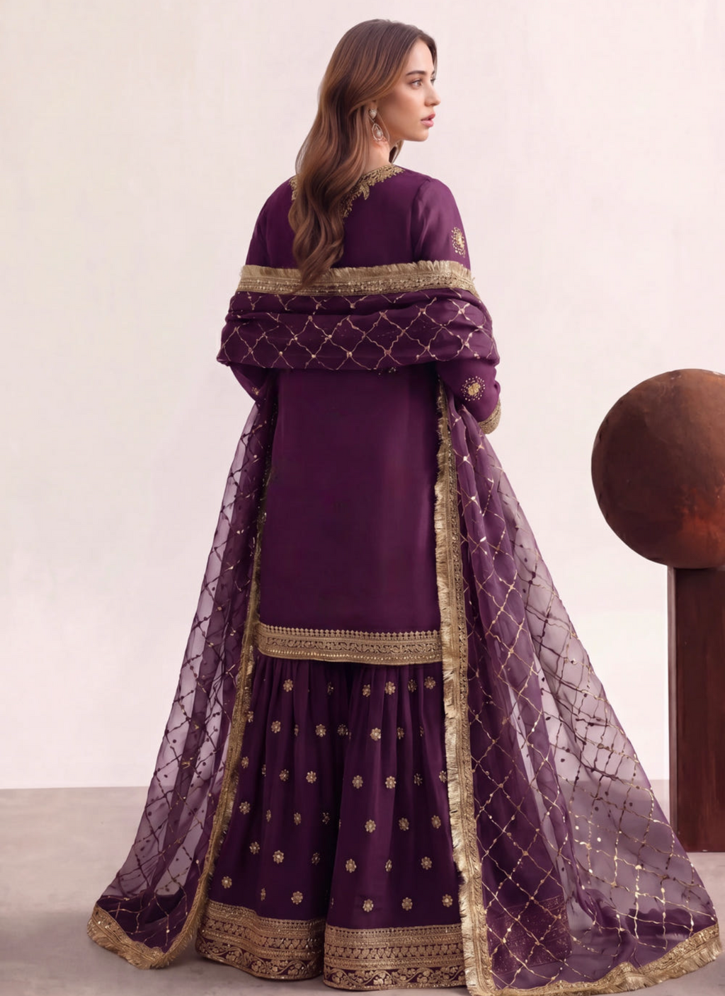 Plum Purple Embellished Chiffon Gharara Suit – 3 Piece Set