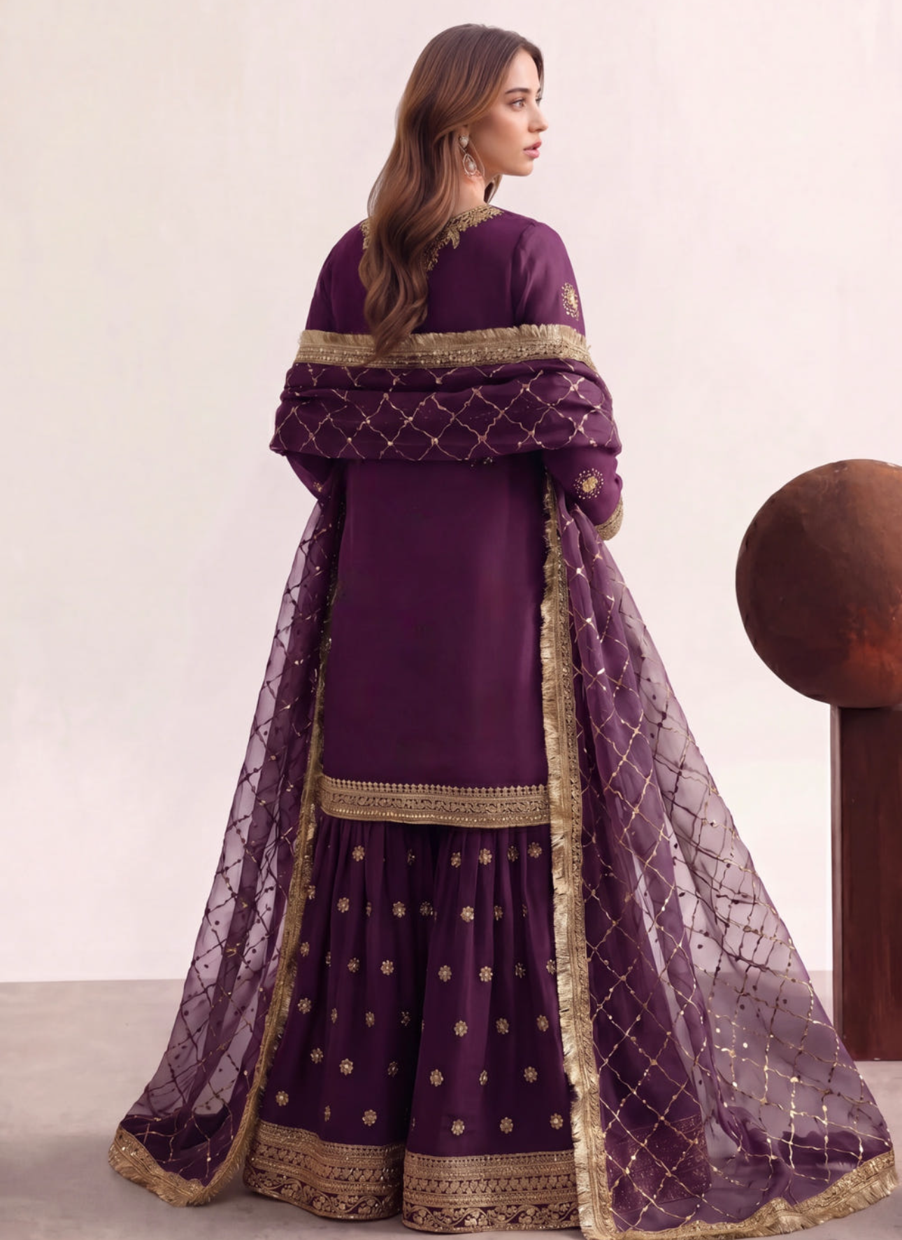 Plum Purple Embellished Chiffon Gharara Suit – 3 Piece Set