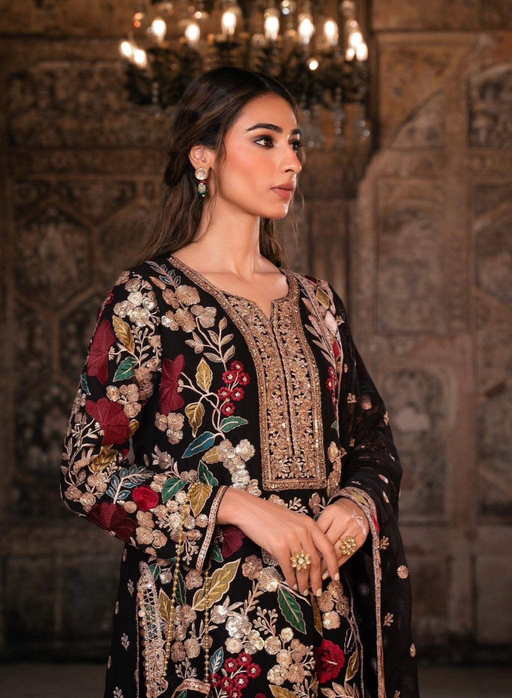 Elegant Black Chiffon Festive Suit Set with Potli Bag