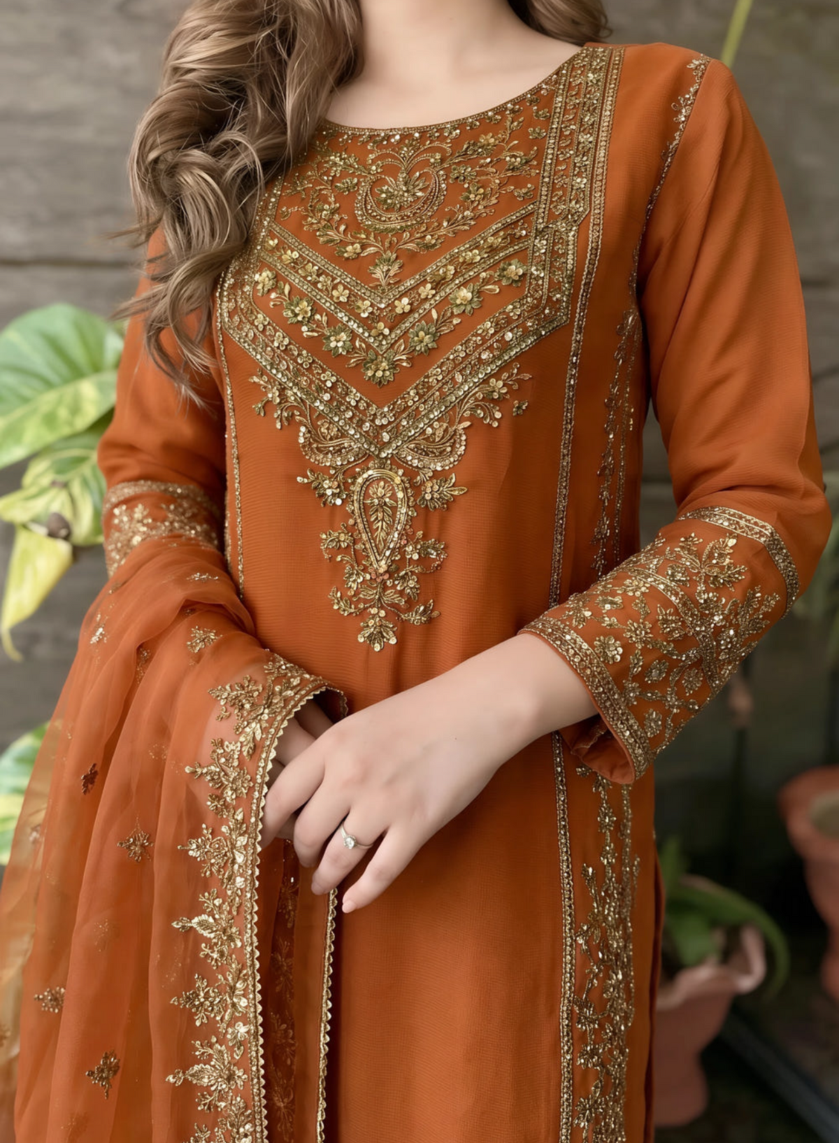 Rust Orange Embellished Sharara Set – 3 Piece