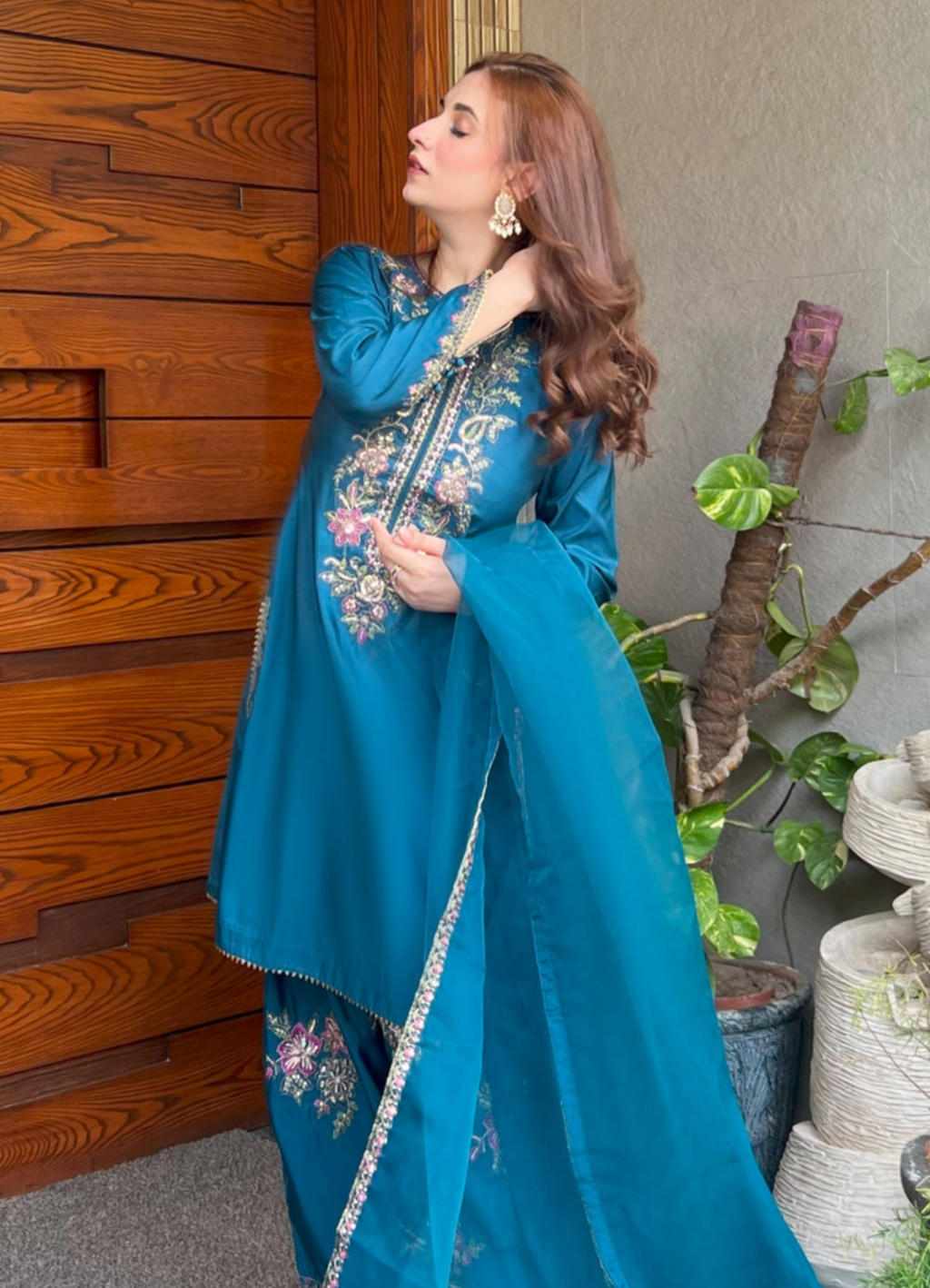 Teal Blue Kattan Silk 3-Piece Kurta Set